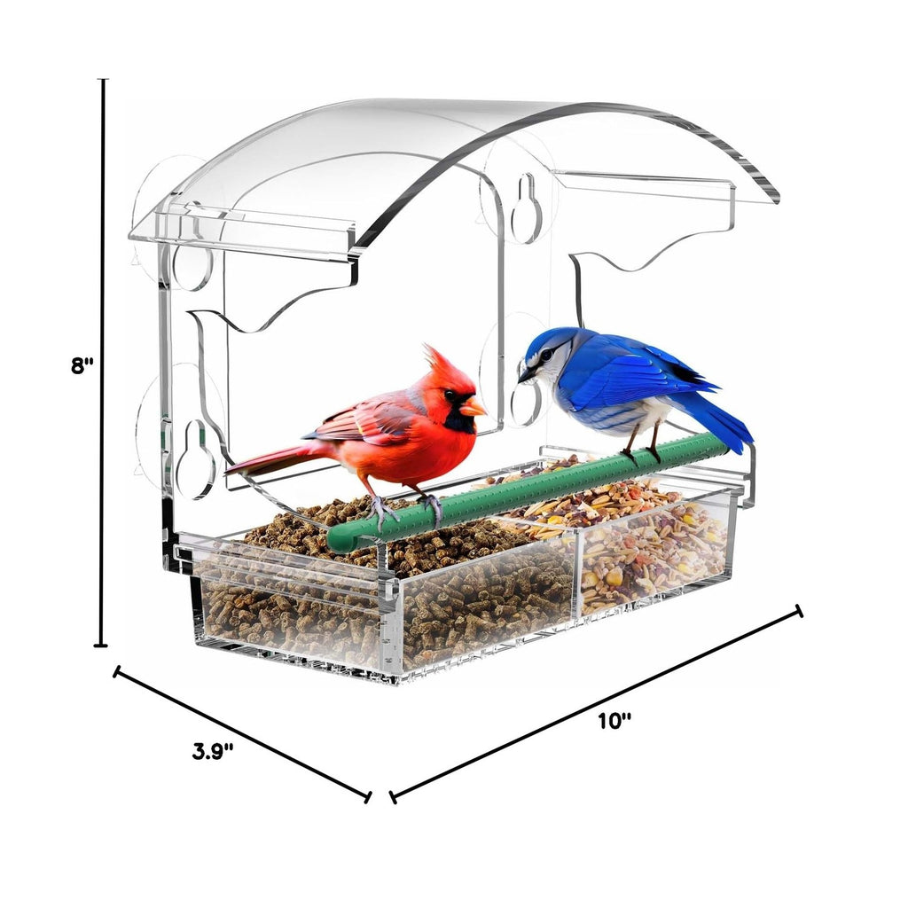Clear Acrylic Window Bird Feeder for Outside with 4 Strong Suction Cups and Detachable Seed Tray, Highly Transparent Outdoor Viewing Birdfeeder, Wild Bird House Box