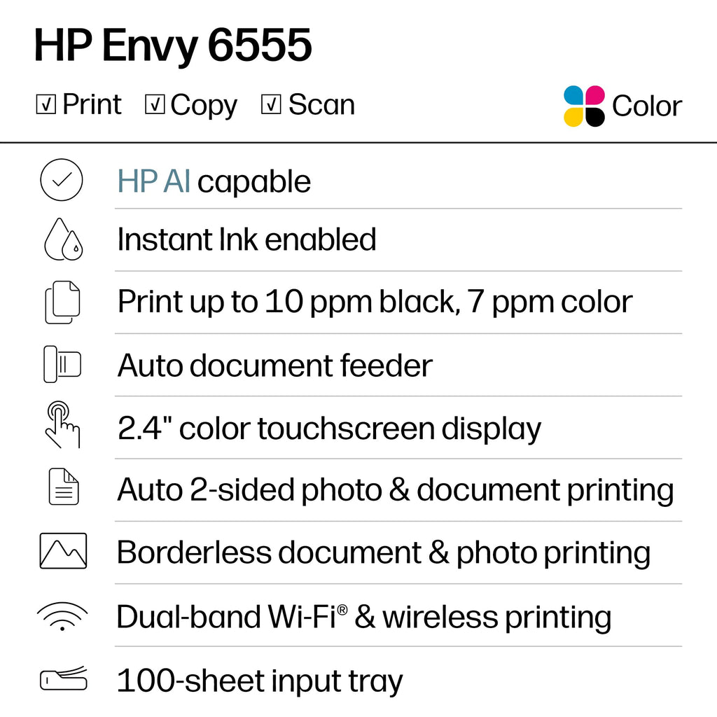 HP Envy 6555 Wireless All-in-One Color Inkjet Printer, Print, Scan, Copy, Duplex Printing Best-for-Home, 3 Month Trial of Instant Ink Included, AI-Capable (C2XR6A) Portobello