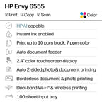 HP Envy 6555 Wireless All-in-One Color Inkjet Printer, Print, Scan, Copy, Duplex Printing Best-for-Home, 3 Month Trial of Instant Ink Included, AI-Capable (C2XR6A) Portobello