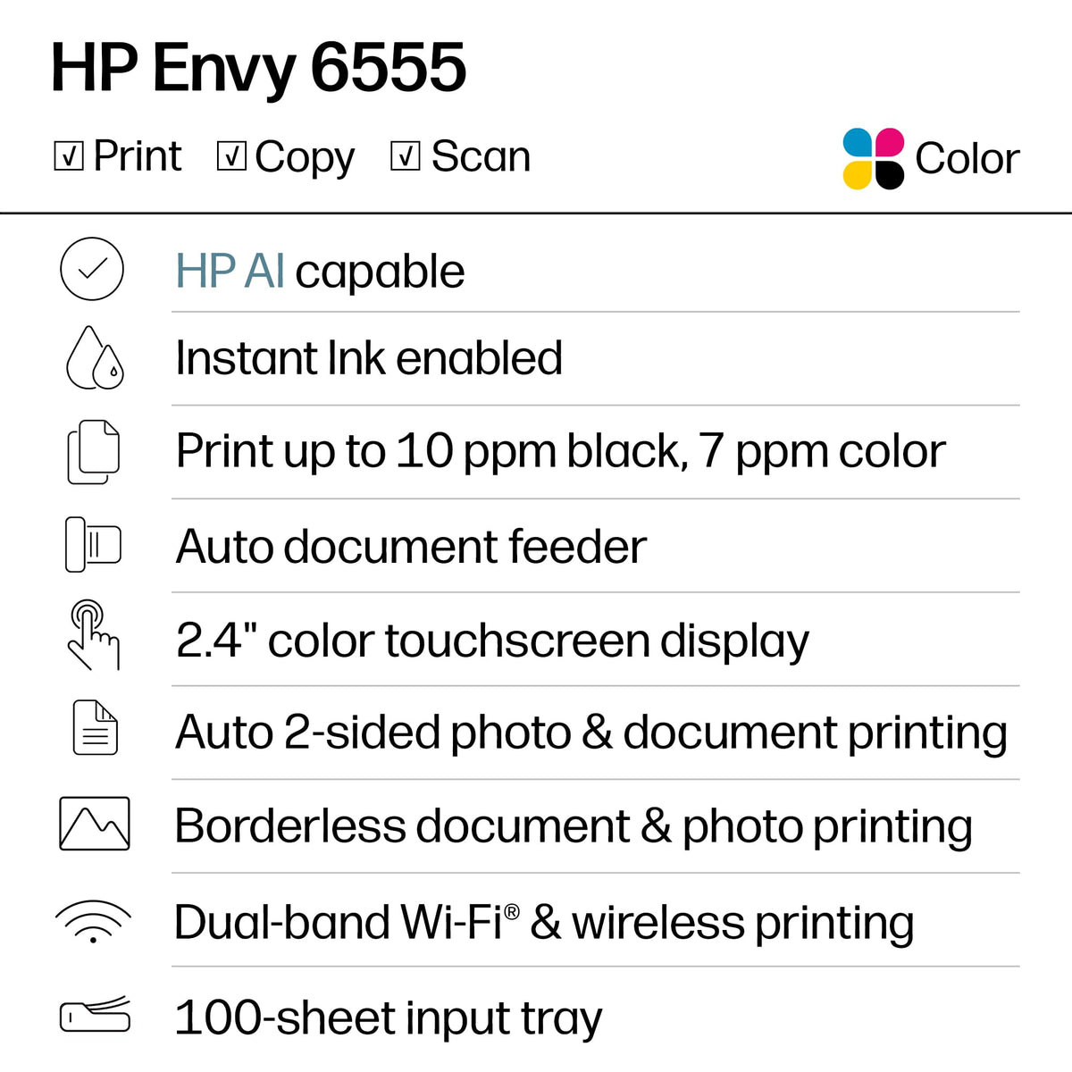 HP Envy 6555 Wireless All-in-One Color Inkjet Printer, Print, Scan, Copy, Duplex Printing Best-for-Home, 3 Month Trial of Instant Ink Included, AI-Capable (C2XR6A) Portobello