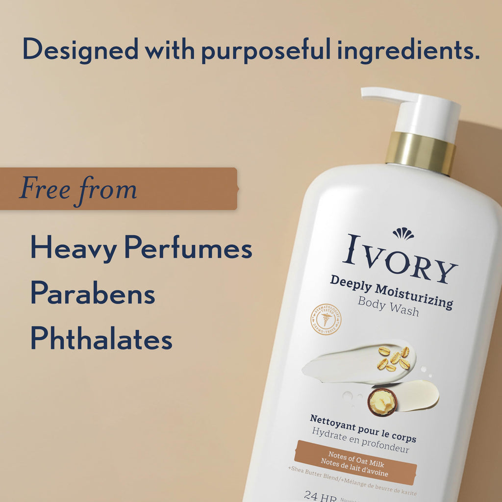 Ivory Body Wash, Deeply Moisturizing, 24hr Nourishing Hydration, Soothes Itchy Dry Skin, Made with Shea Butter Blend, Free of Dyes Heavy Perfumes Parabens & Phthalates, Oatmilk Scent, 27 oz