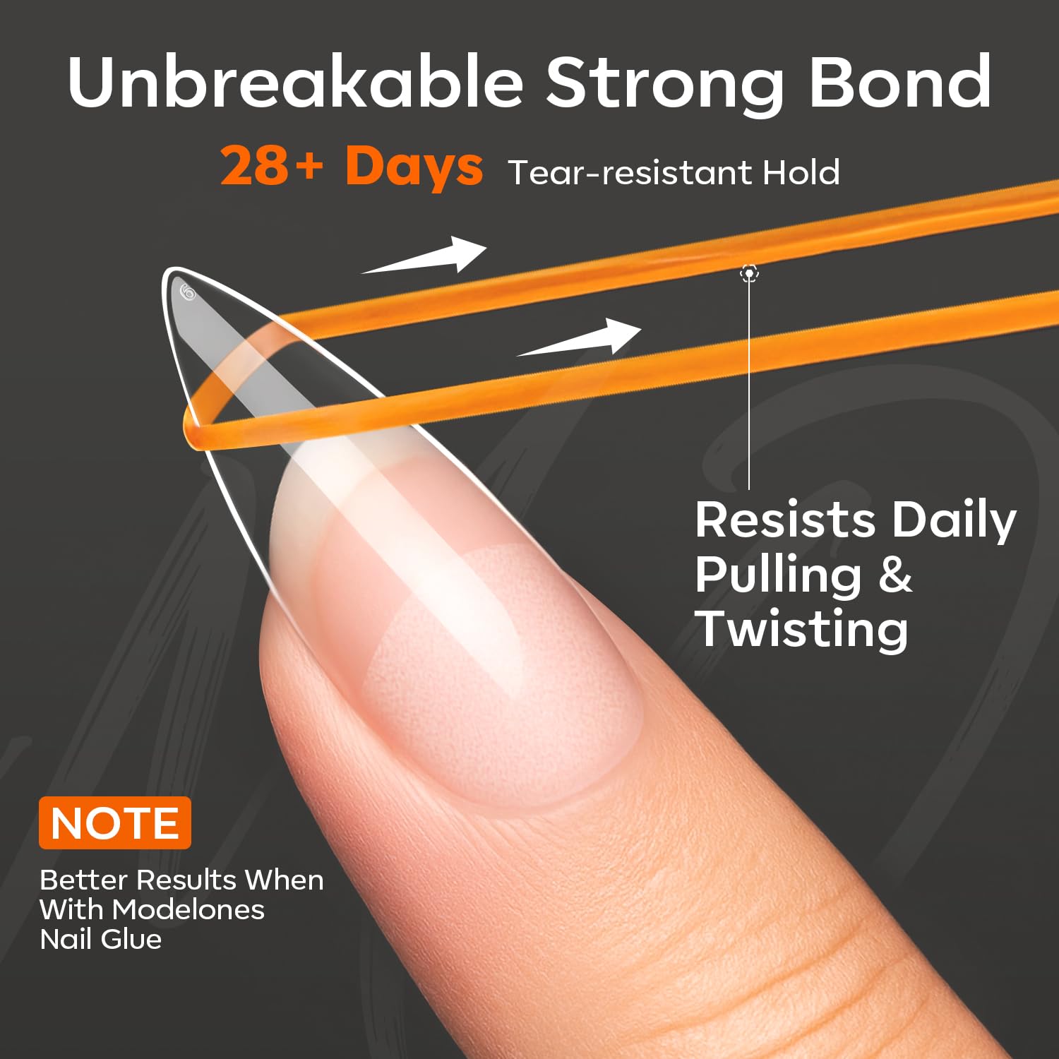 Unbreakable almond nail tips by Modelones, provides 28+ days hold. Available now. Order online today for quality results!