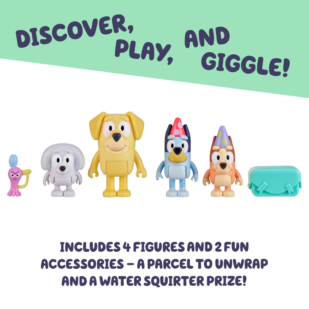 Buy now Bluey Pass The Parcel Figurine Toys Pack of 4, Character Toys with Bingo, Lucky’s Dad, and Lila Figures, Small Action Figures for Kids Ages 3+ at indiglob india