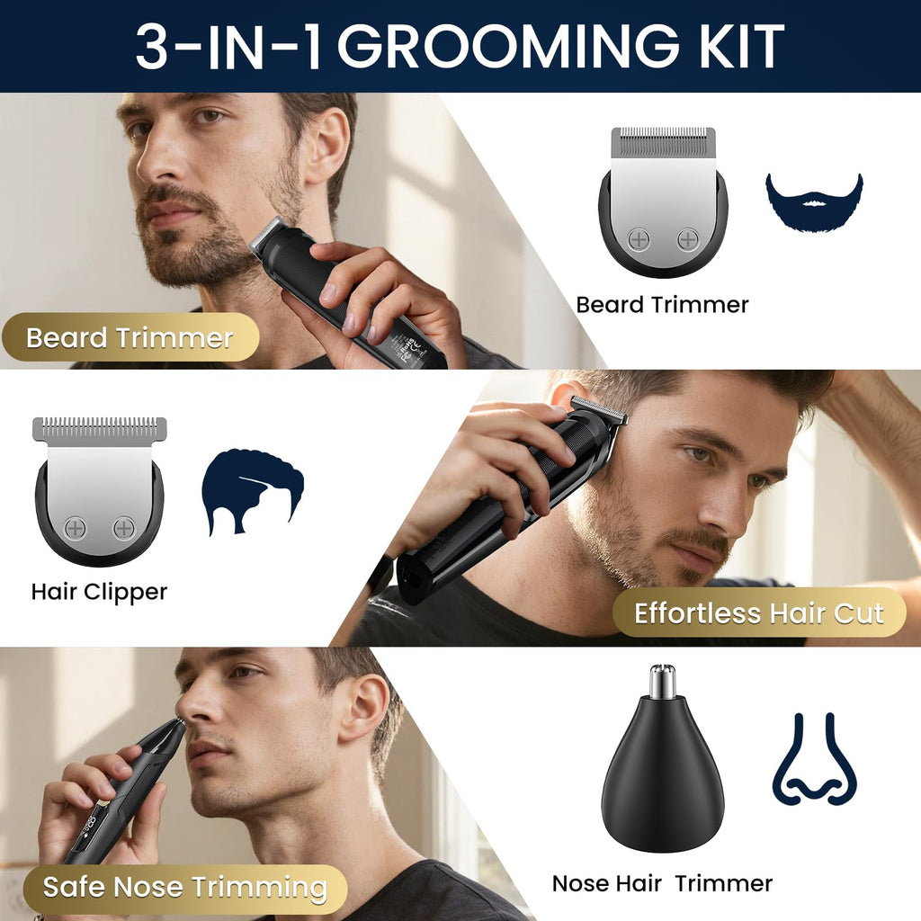 Ufree 3-in-1 Beard Trimmer for Men, IPX6 Waterproof Electric Razor | Gifts for men, Beard, Nose, Hair, Stainless Steel Blades, USB-C Charge, 120-Min Usage, 8000 RPM, Wet and Dry, Travel Lock