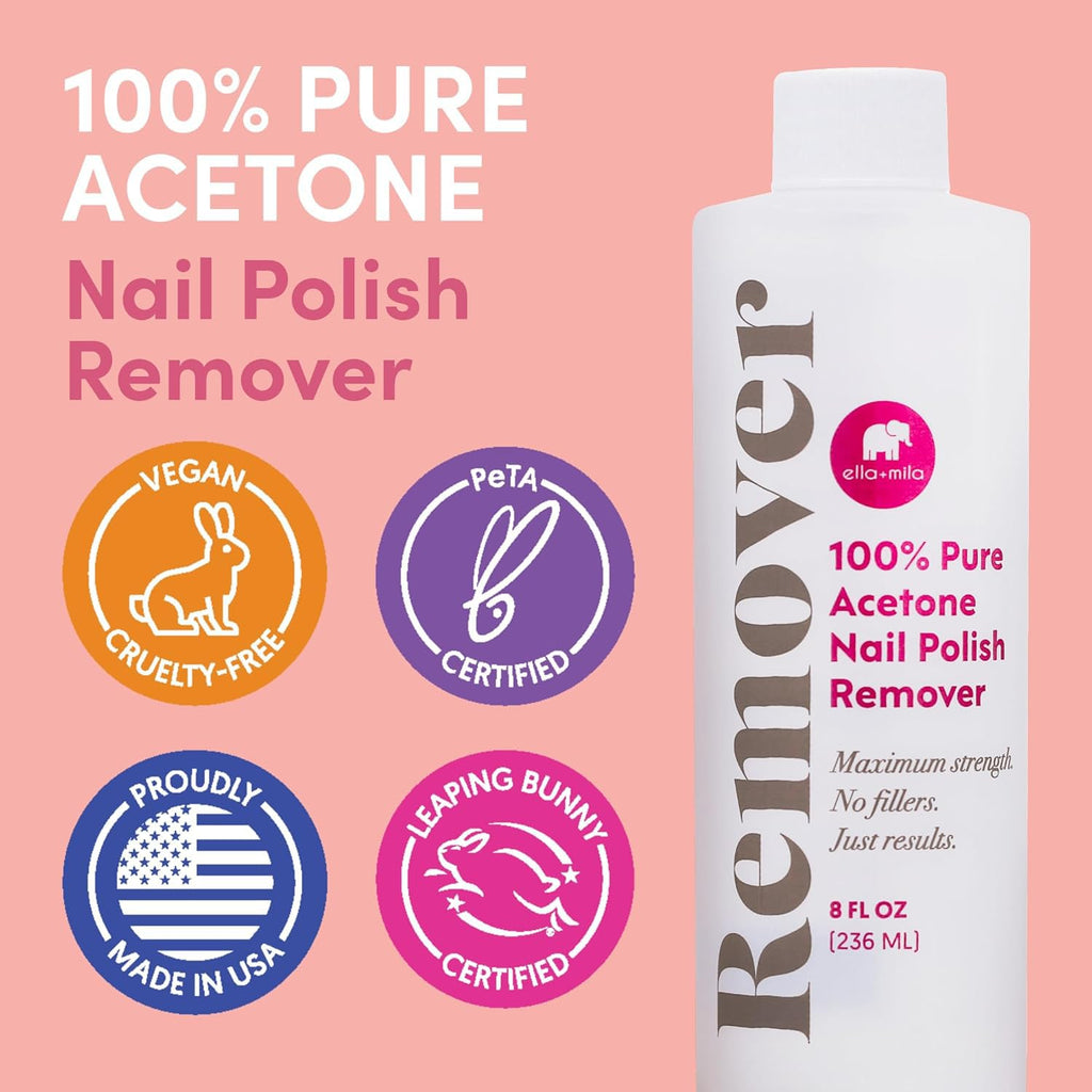 ella+mila 100% Pure Acetone Nail Polish Remover for Acrylic & Gel, 8 fl oz