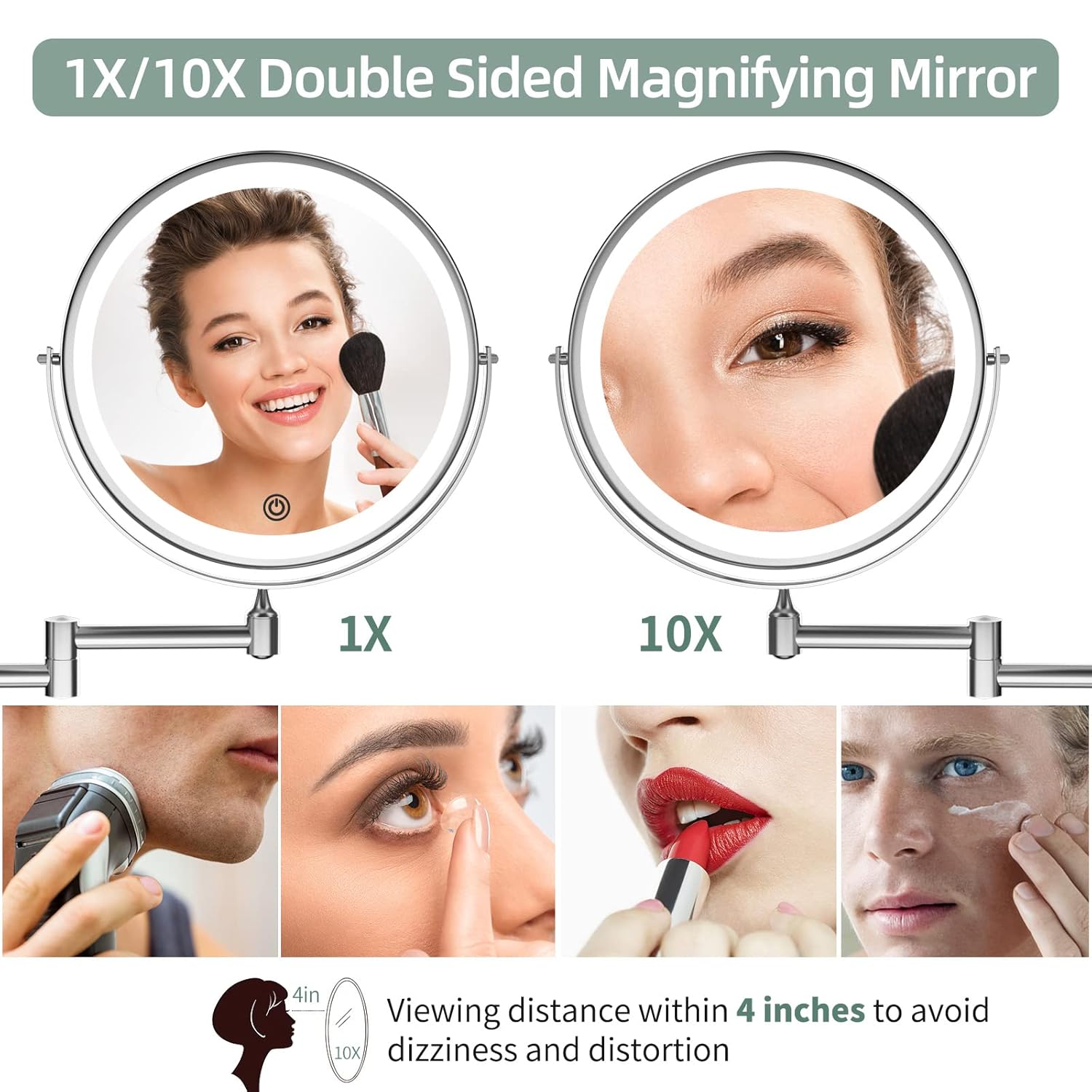 Buy now Rechargeable Wall Mounted Lighted Makeup Vanity Mirror 8 inch 1X/10X Magnifying Bathroom Mirror with 3 Color Lights, Double Sided with Dimmable LED Lights, Extended Arm 360Â° Swivel Extension Mirror at indiglob india