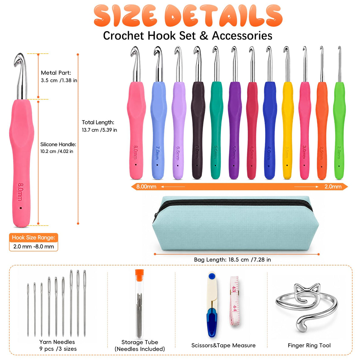 Crochet Hooks 12 Sizes Crochet Hook Set, 50 Pack Yarn Crochet Kit for Beginners, Knitting Needles with Ergonomic Handles for Arthritic Hands, Crochet Needle Kit with Blue Case for Crocheters