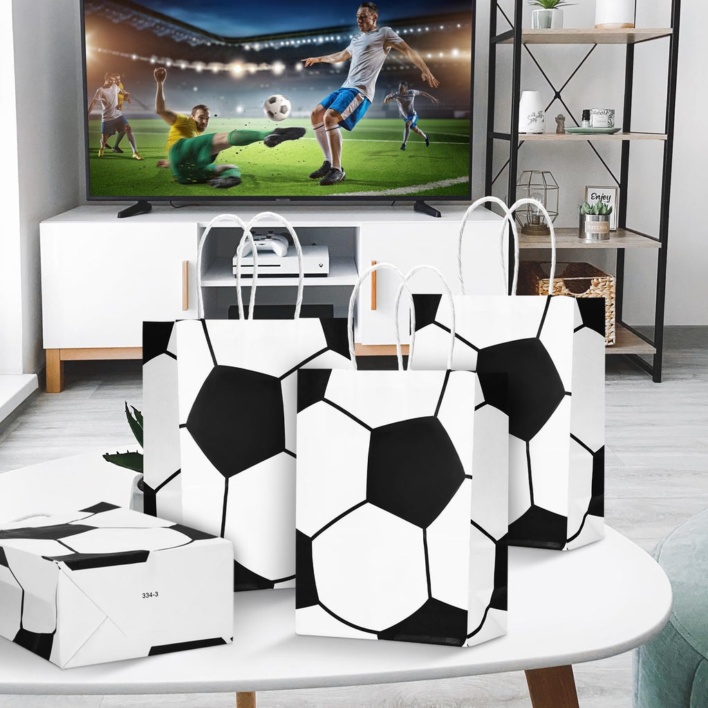 Leezmark 12 Pcs Soccer Party Favor Bags, Soccer Themed Party Gift Bags with Handles, Paper Gift Bags Soccer Goodie Bags Treat Candy Bags for Kids Adults Soccer Party Supplies