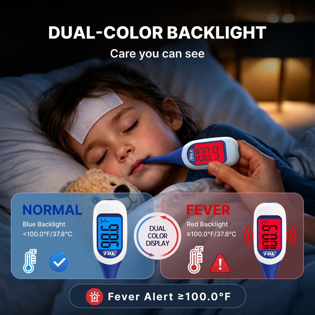 FDK Large LCD Screen Digital Thermometer for Fever, 8 Seconds Fast & Accurate Readings, Large LCD Dual Color Backlight Flexible Tip Ideal for Adults Kids and Babies FSA
