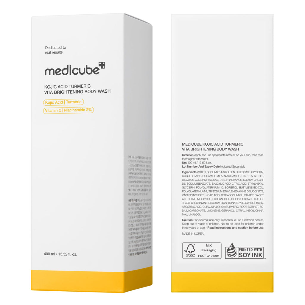 medicube Kojic Acid Turmeric Brightening Body Wash, 13.52 fl.oz | Shower Gel for Uneven Skin - Niacinamide, Vitamin C, AHA BHA, Deep Cleansing & Hydrating, Easy & Effective, 13.52 fl.oz