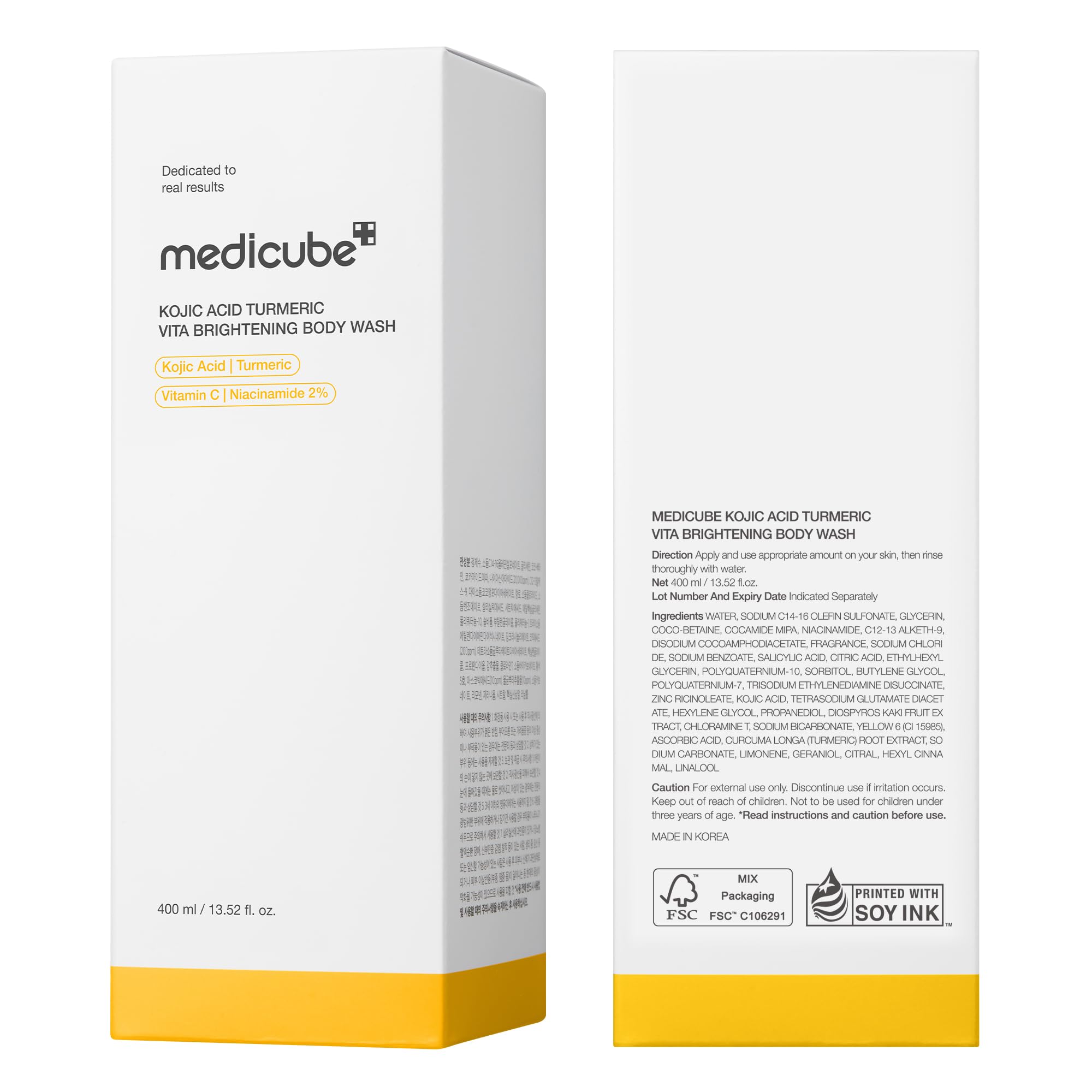 medicube Kojic Acid Turmeric Brightening Body Wash, 13.52 fl.oz | Shower Gel for Uneven Skin - Niacinamide, Vitamin C, AHA BHA, Deep Cleansing & Hydrating, Easy & Effective, 13.52 fl.oz