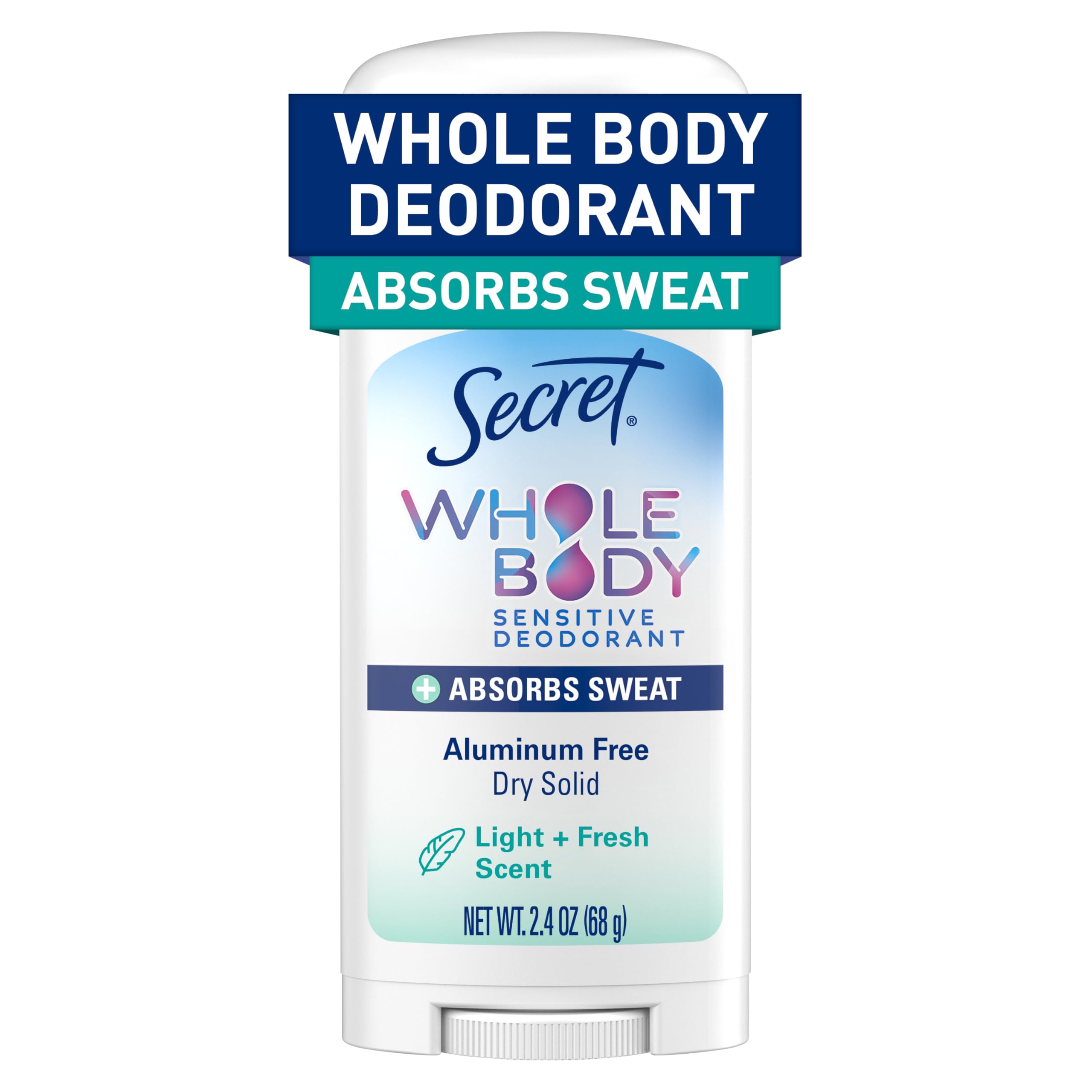 Secret Whole Body Deodorant Dry Feel Stick + Absorbs Sweat for Women, Naturally Derived Ingredients, Completely Clean Scent, Aluminum Free Deodorant Stick, 72 HR Odor Protection, 2.4 oz