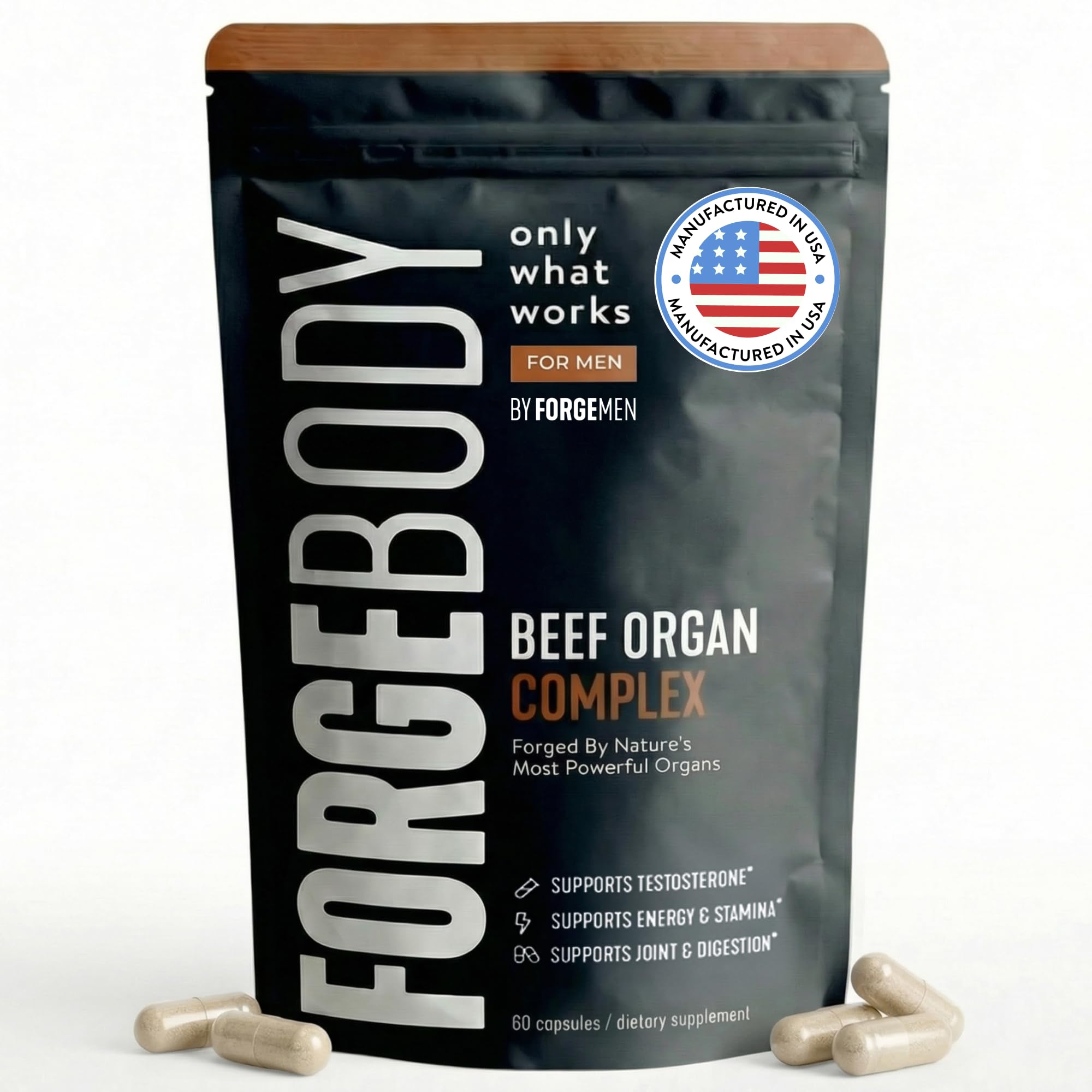Forgebody Beef Liver & Organ Complex Supplement, Grass-Fed Liver, Heart, Bone Marrow, Pancreas, Testicles Ancestral Nutrition for Athletes and Active Men, Supports Energy + Recovery + Brain, 1 Month