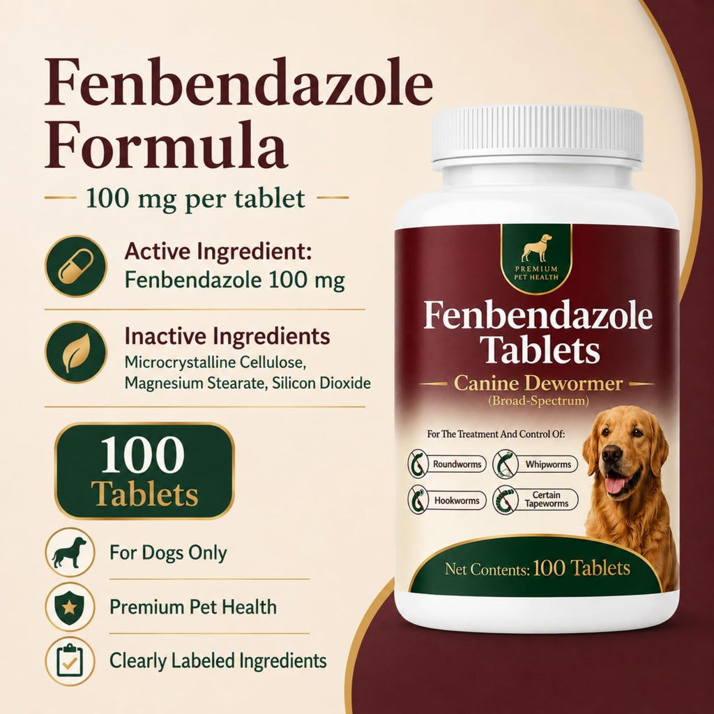 Canine Dewormer for Dogs (fenbendazole),for Treatment and Control of Tapeworms, Roundworms, Hookworms and Whipworms,100 Tablets, 100 mg per Tablet, Oral Tablets with Weight-Based Directions