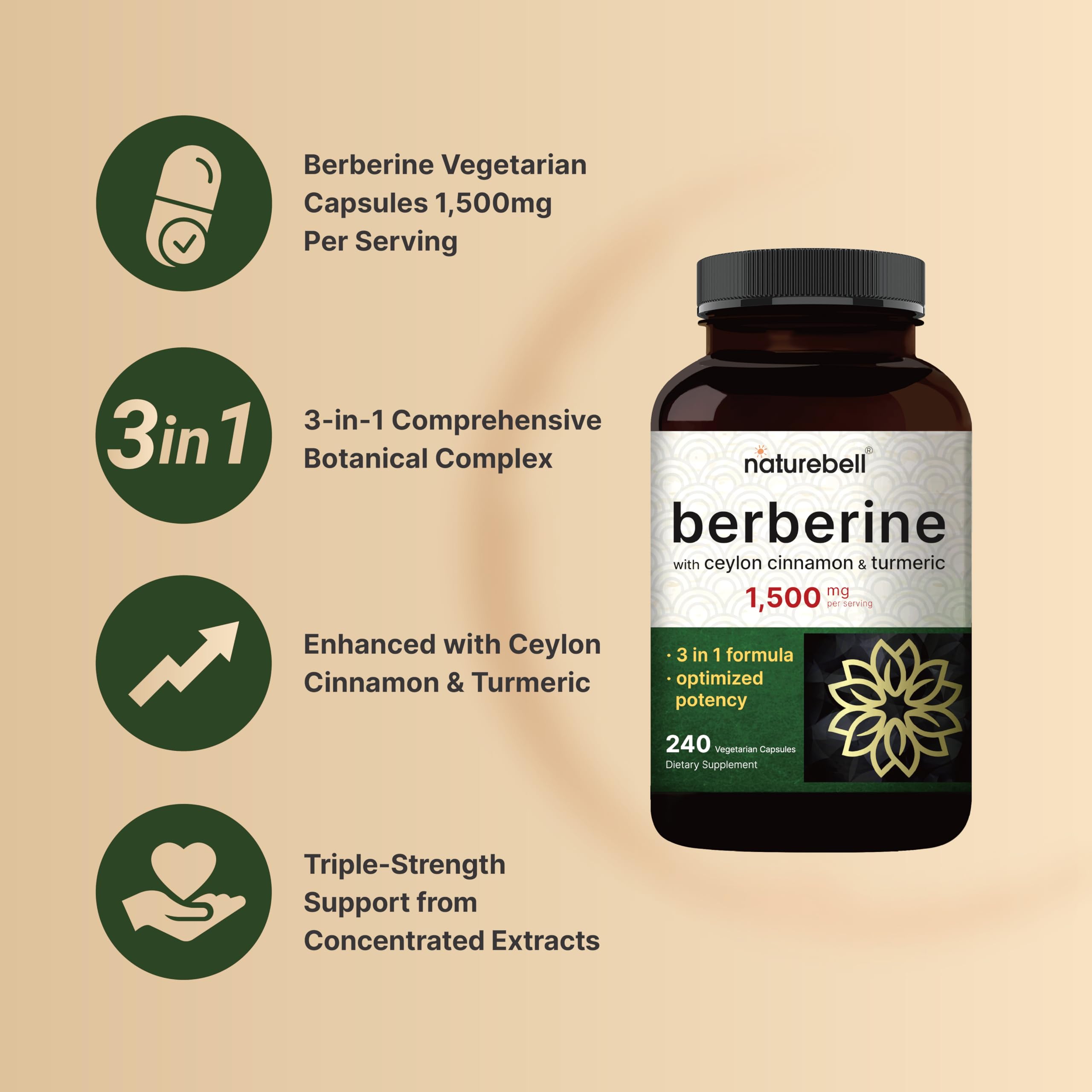 NatureBell Berberine Supplement 1,500mg with Ceylon Cinnamon & Turmeric Root, 240 Veggie Capsules | 97% Pure Berberine HCL | Supports Balanced Sugar Levels & Heart Health | Vegan, Non-GMO