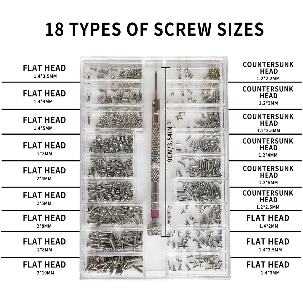 500-Piece Silver Micro Screw Repair Kit 18-Size Stainless Steel Tiny Screws with Screwdriver for Glasses, Watches, Jewelry & Electronics