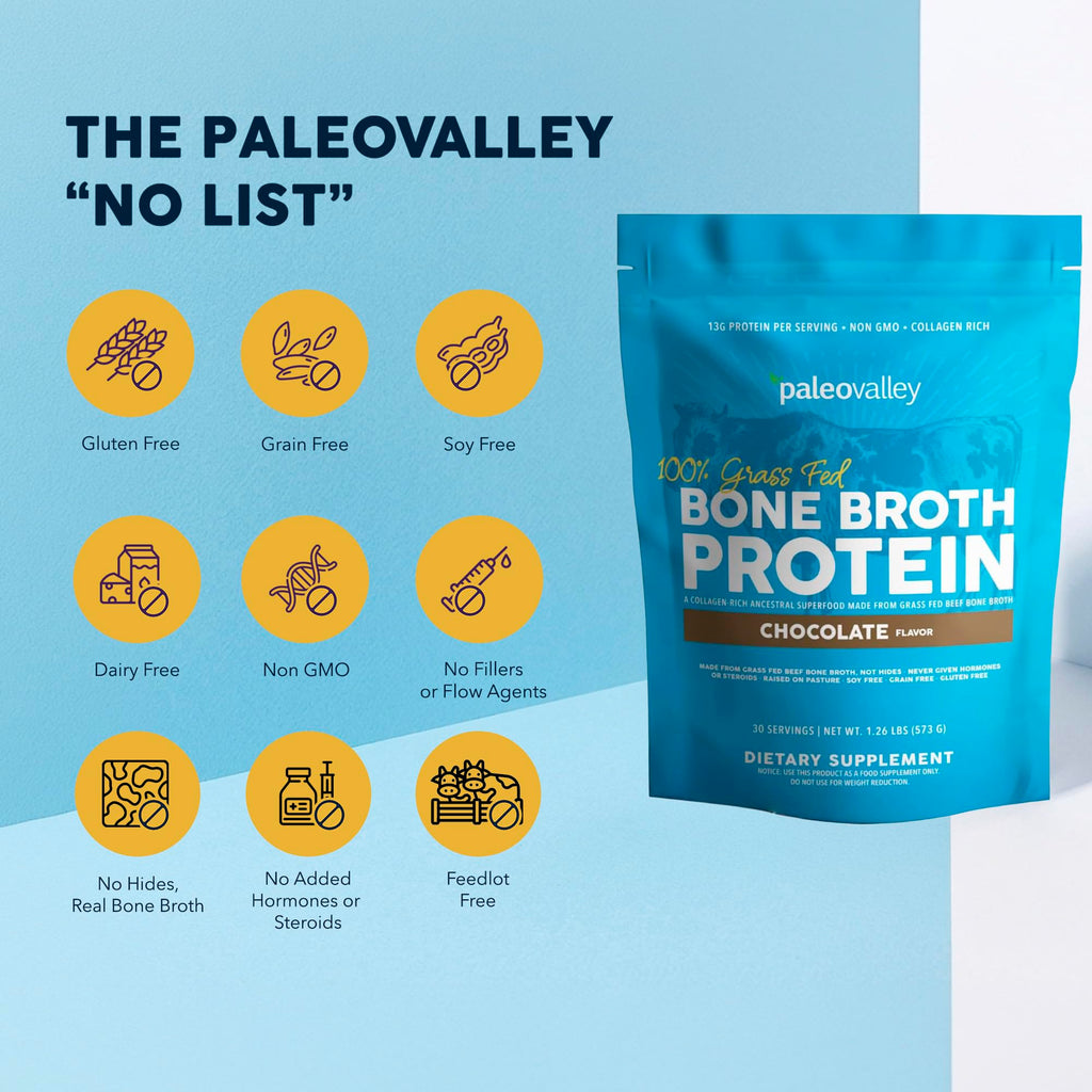 Paleovalley 100% Grass Fed Bone Broth Protein Powder, Chocolate | Collagen Rich, Digestive and Gut Health Support, Joint Support Hair, Skin and Nail Support, 13g Protein