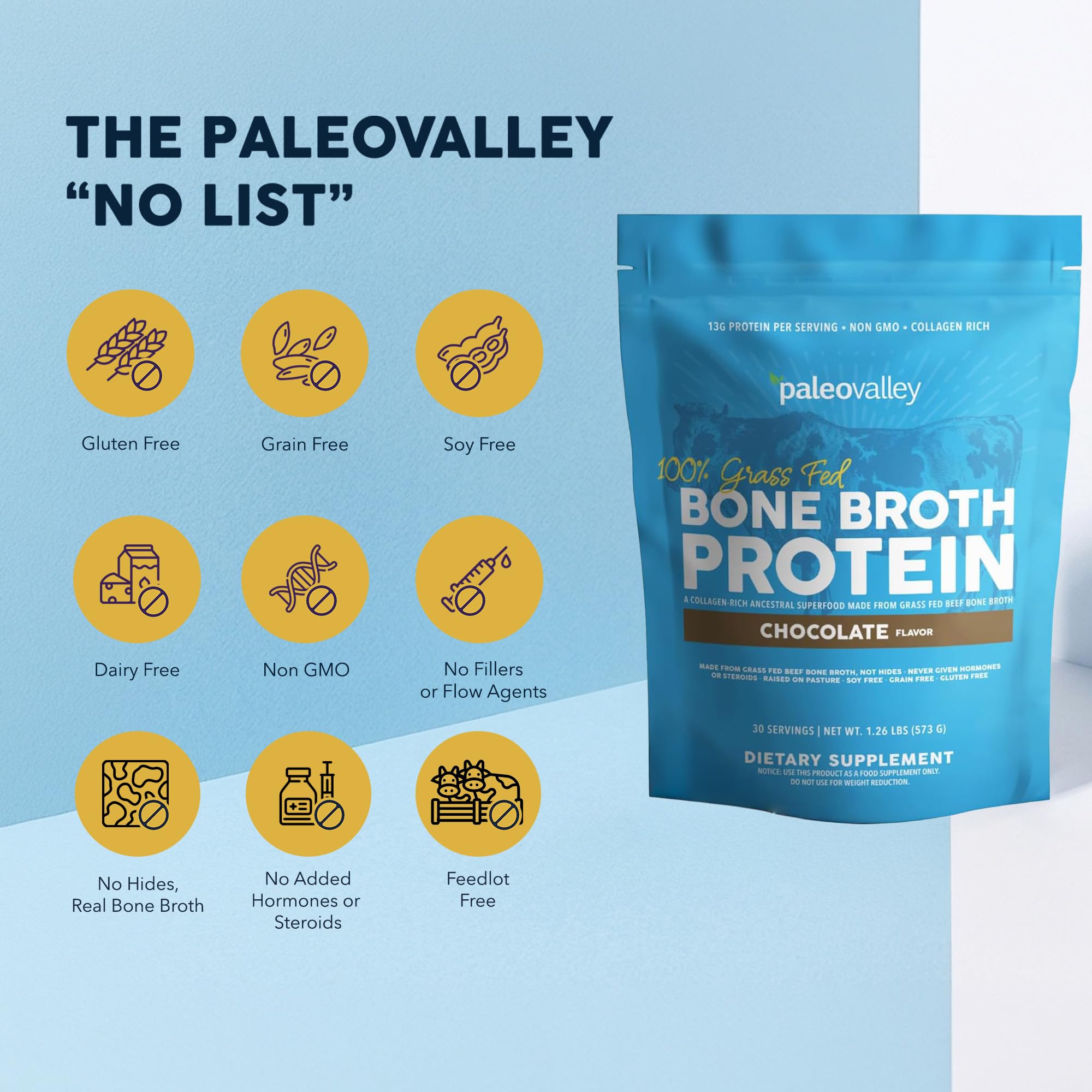 Paleovalley 100% Grass Fed Bone Broth Protein Powder, Chocolate | Collagen Rich, Digestive and Gut Health Support, Joint Support Hair, Skin and Nail Support, 13g Protein