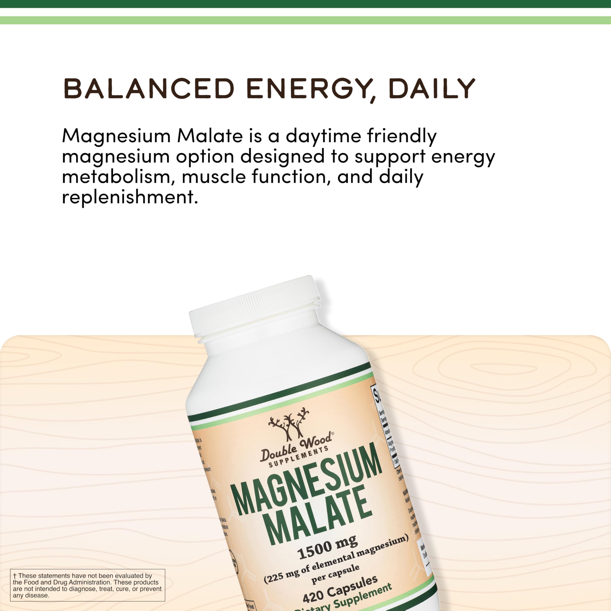 Magnesium Malate 1,500mg, Daytime Energy + Muscle Support, 420 Capsules | Daytime Energy + Muscle Supplement, 225mg Elemental Mg per Serving, Malic Acid for Cellular Energy, Vegan + Non-GMO