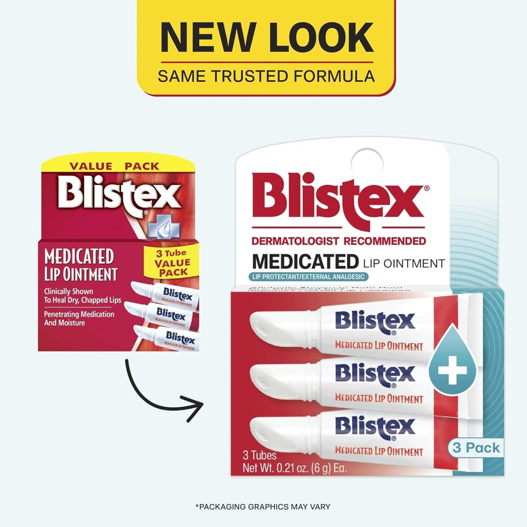 Blistex Medicated Lip Ointment, 24 Hr Moisture, 0.21 oz, 3 Pack | Clinically shown to elevate lip moisture, help heal dry, chapped lips, and improve overall lip condition