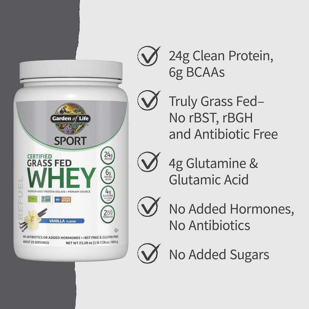 Buy now Garden of Life SPORT Whey Protein Powder Vanilla, Premium Grass Fed Whey Protein Isolate plus Probiotics for Immune System Health, 24g Protein, Non GMO, Gluten Free, Cold Processed - 20 Servings at indiglob india