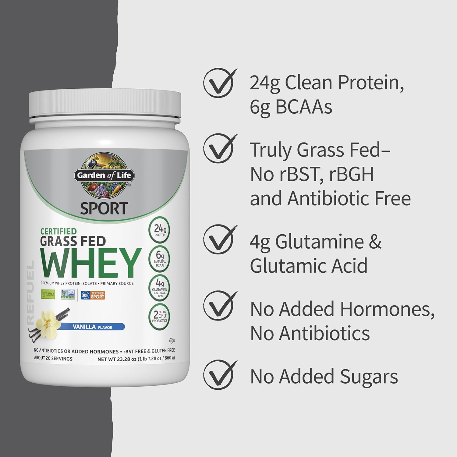 Buy now Garden of Life SPORT Whey Protein Powder Vanilla, Premium Grass Fed Whey Protein Isolate plus Probiotics for Immune System Health, 24g Protein, Non GMO, Gluten Free, Cold Processed - 20 Servings at indiglob india