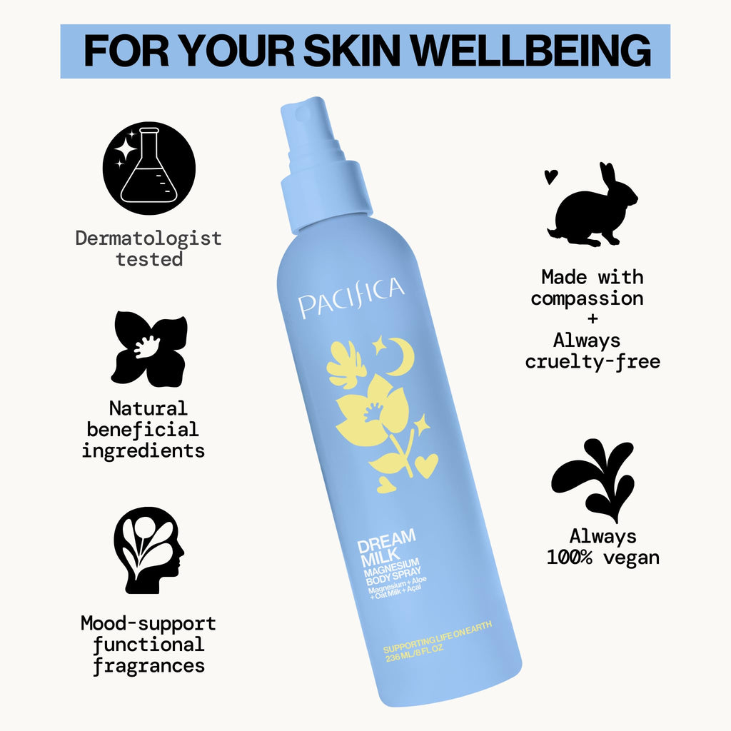 Pacifica Dream Milk Magnesium Spray for Sleep & Relaxation - Natural Magnesium Body Mist Infused with Lavender, Chamomile & Essential Oils, Vegan & Cruelty-Free, Clean Beauty, 8 fl oz