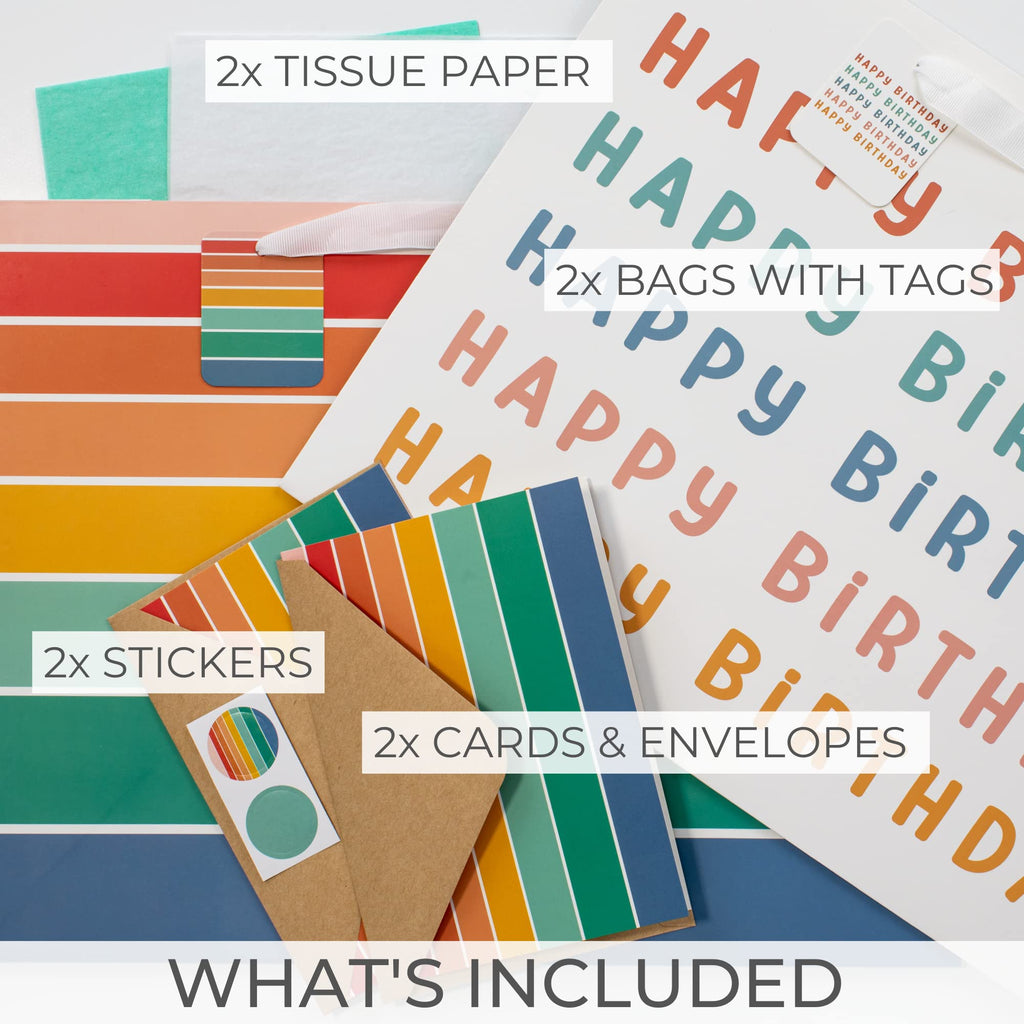 Beautiful Birthday Gift Bags Set of 2 with Tissue Paper, Cards & Stickers