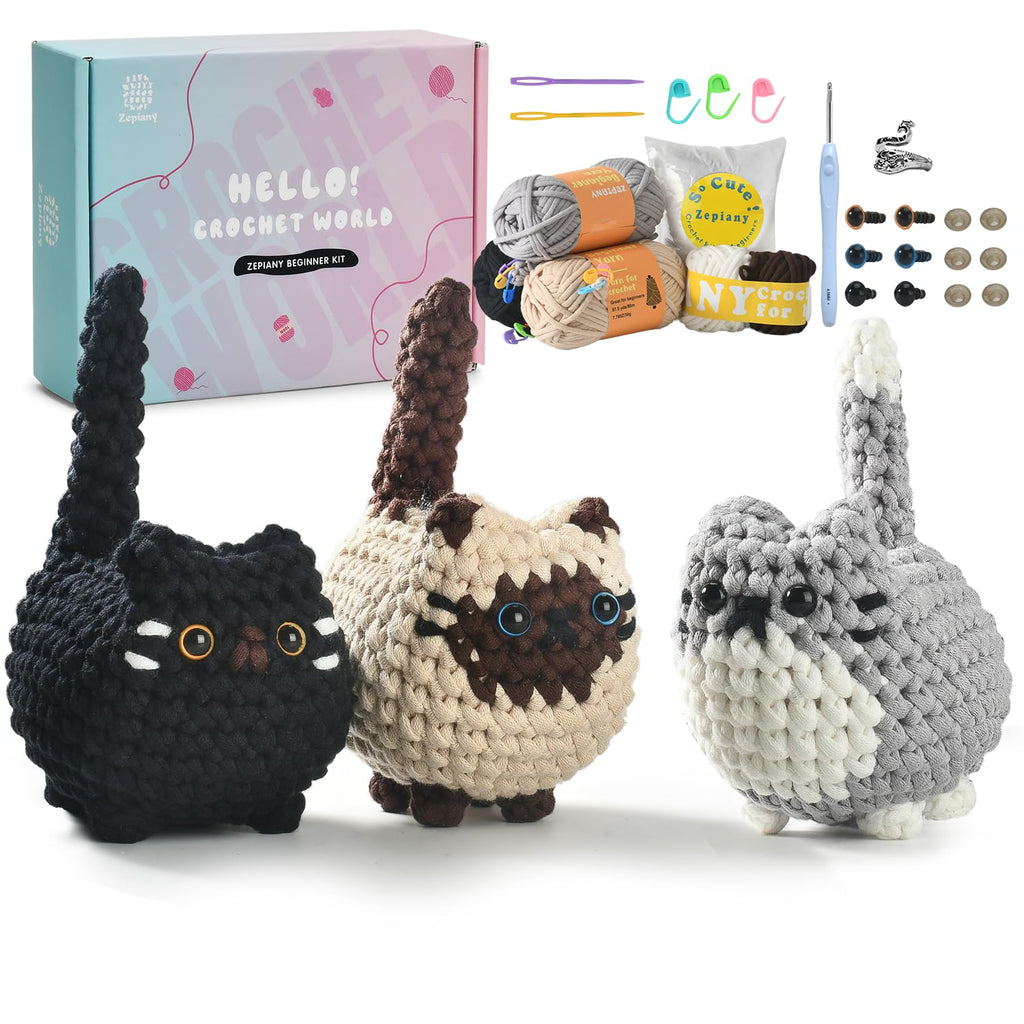 Zepiany Crochet Kit for Beginners Crochet Cat Beginner Crochet Kit for Adults Amigurumi Crochet Animals Cat Crafts Hobby Crochet Kits Easy Knitting Kit