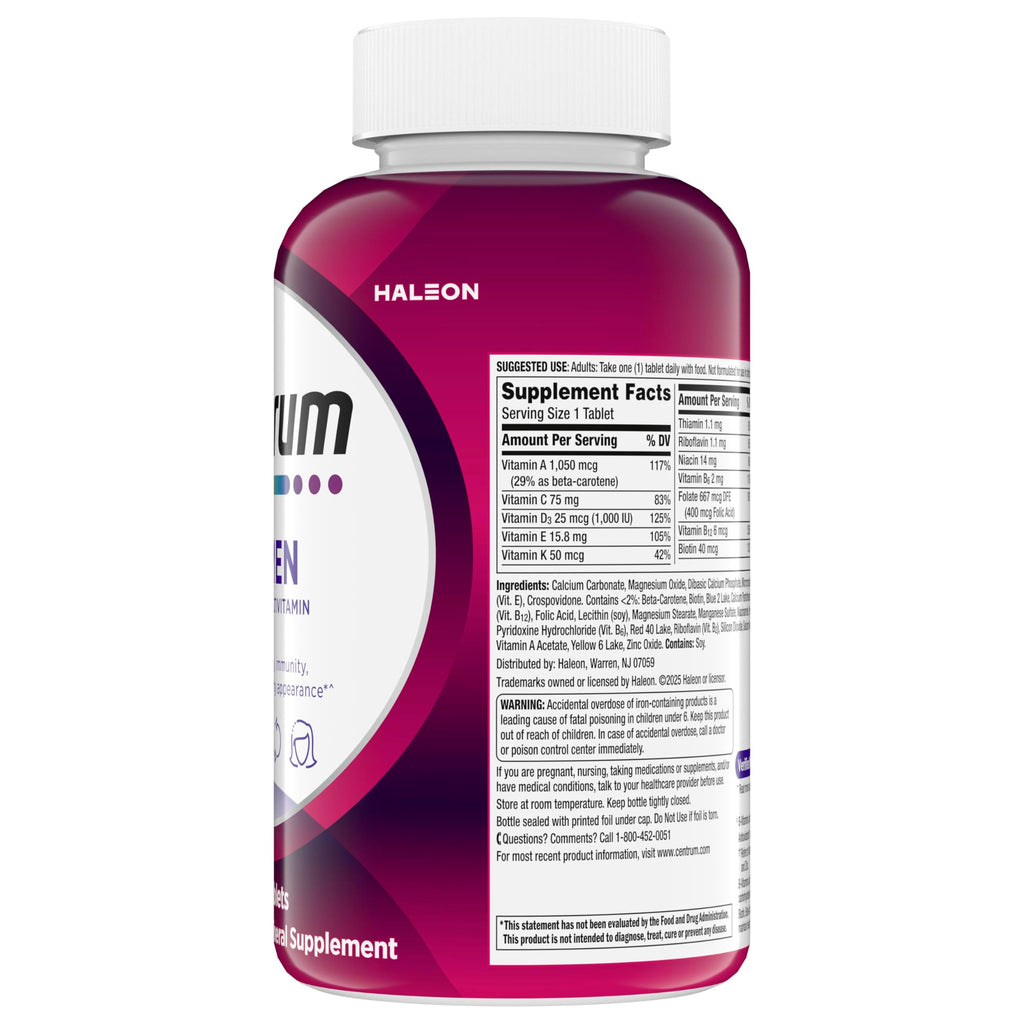 Centrum Multivitamin for Women 18 and Over, 250 Tablets | Contains Vitamin D3, B Vitamins and Antioxidant Vitamins C and E, Gluten Free, Non-GMO Ingredients, GLP-1 Support