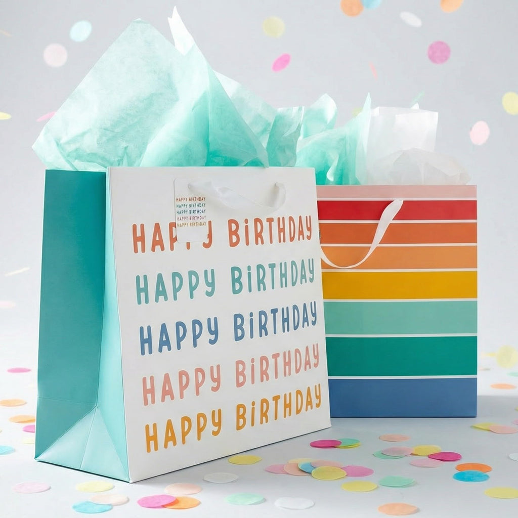 Beautiful Birthday Gift Bags Set of 2 with Tissue Paper, Cards & Stickers