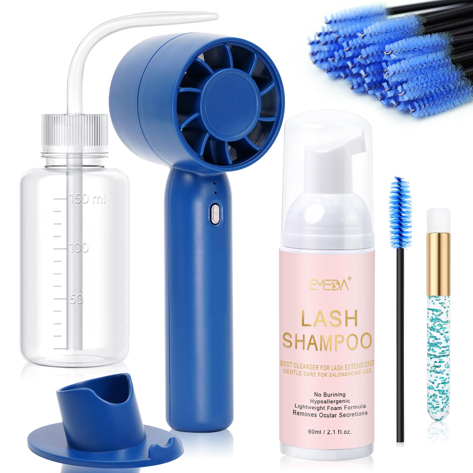 EMEDA Lash Shampoo Kit 2.02 Fl.oz Lash Cleaning Kit with Fan (Pink) | Dryer/Brush/Rinse Bottle, Oil-free Cleanser Wash for Extensions & Clusters & Natural Eyelashes, Cleaner for Eyelash Care