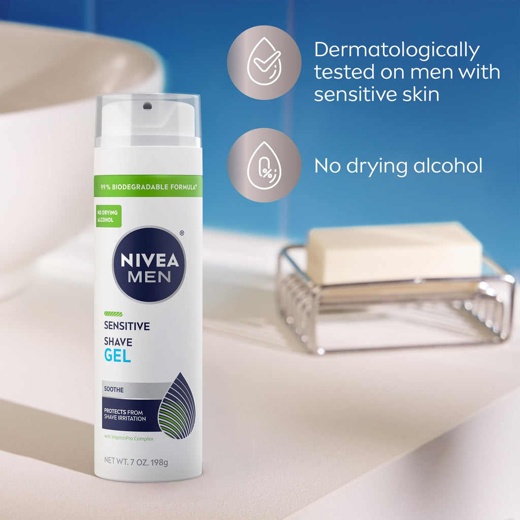 NIVEA MEN Sensitive Shave Gel, No Drying Alcohol, Mulitpack, 3 x 7 OZ | Shaving Gel for Men with Sensitive Skin, Enriched with VitaminPro Complex, No Drying Alcohol, Dermatologically Tested