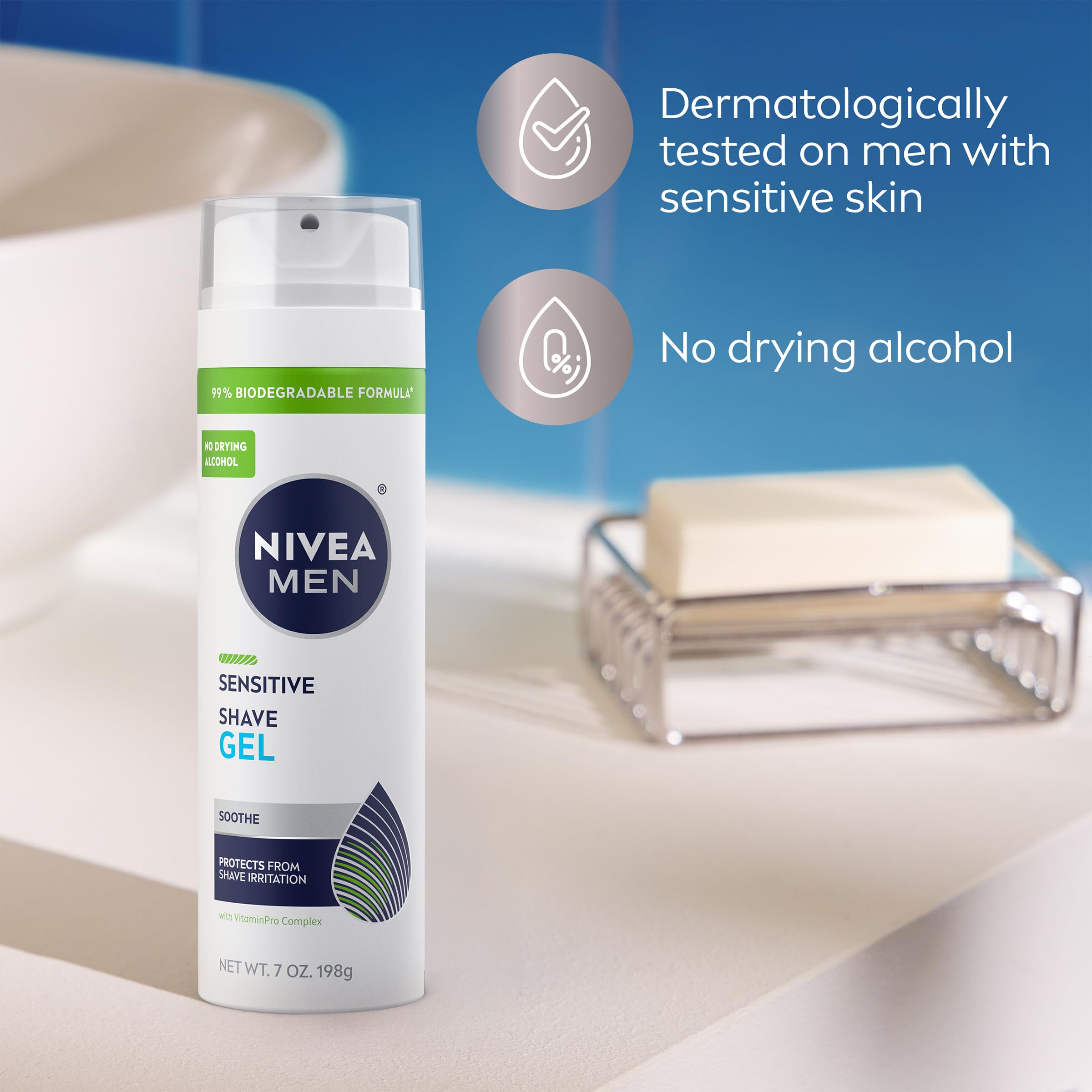 NIVEA MEN Sensitive Shave Gel, No Drying Alcohol, Mulitpack, 3 x 7 OZ | Shaving Gel for Men with Sensitive Skin, Enriched with VitaminPro Complex, No Drying Alcohol, Dermatologically Tested