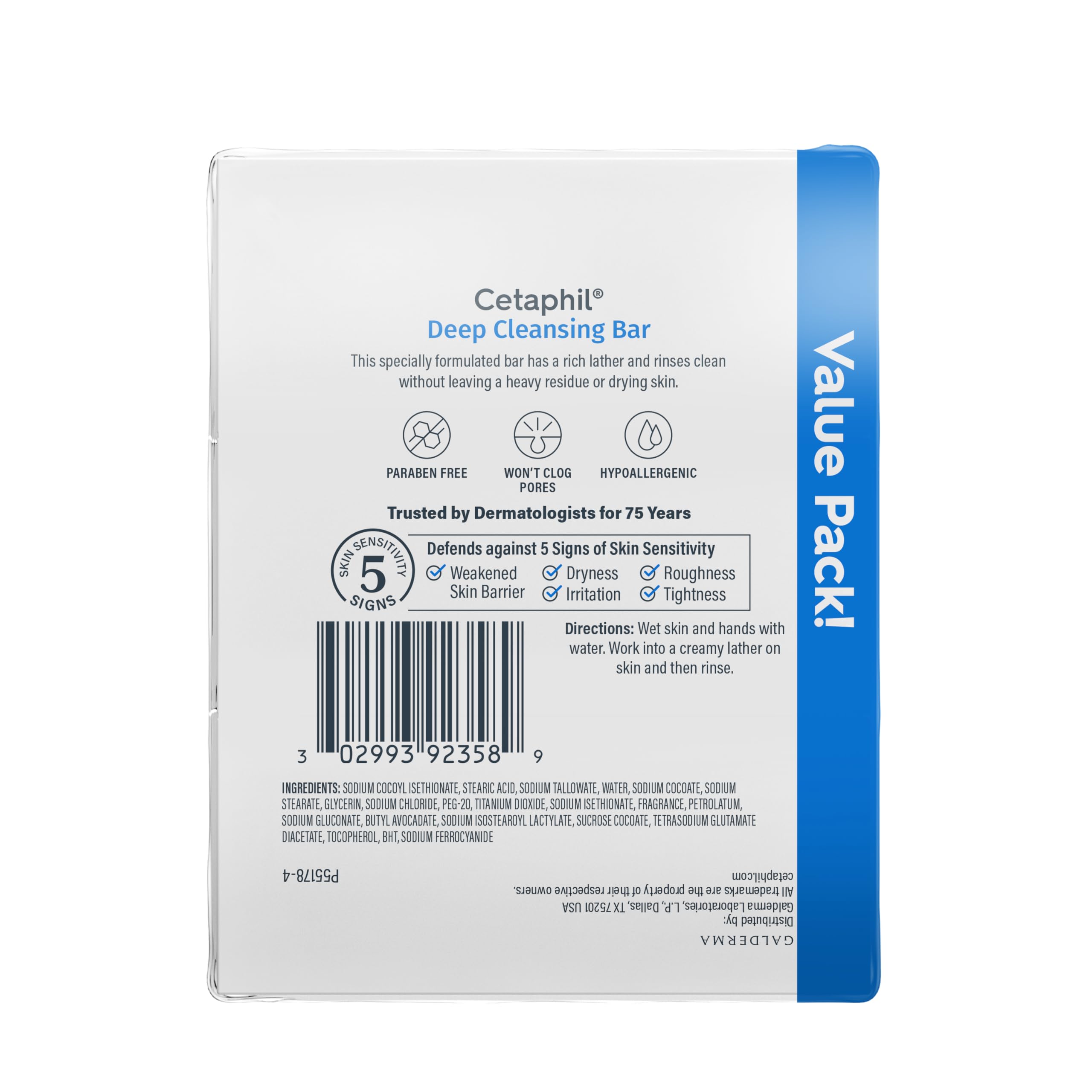 Cetaphil Deep Cleansing Face & Body Bar Soap, Sensitive Skin Care, 3 ct | Soap-Free, Fragrance-Free, Paraben-Free, Hypoallergenic, Face And Body Bar, Removes Makeup, Dirt And Oil, Dry To Normal Skin