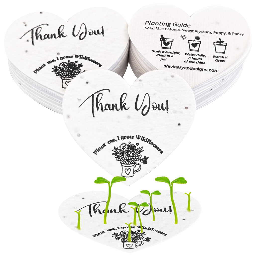 50 Plantable Seed Paper Hearts with Wildflower Seeds- A Thank You Card That Grows | A Memorable Gift Tag That Keeps Giving | 2.5in x 2in Thank You Note for Bridal Shower, Weddings, Holidays, and for Small Business Thank You Cards