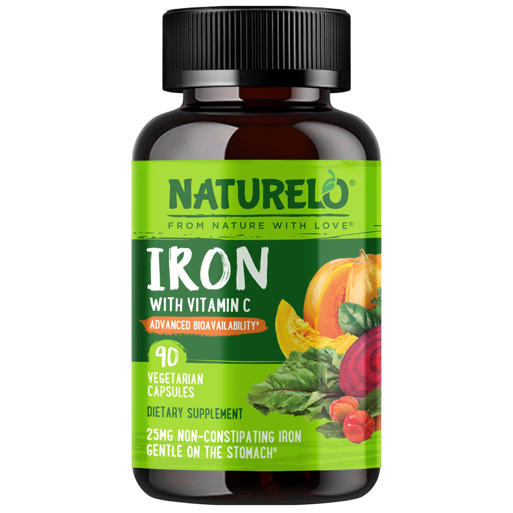 NATURELO Vegan Iron Supplement with Vitamin C & Organic Whole Foods, 90 Ct | Gentle Iron Capsules for Women & Men with this Mineral Deficiency - Including Pregnancy, Anemia and Vegan Diets
