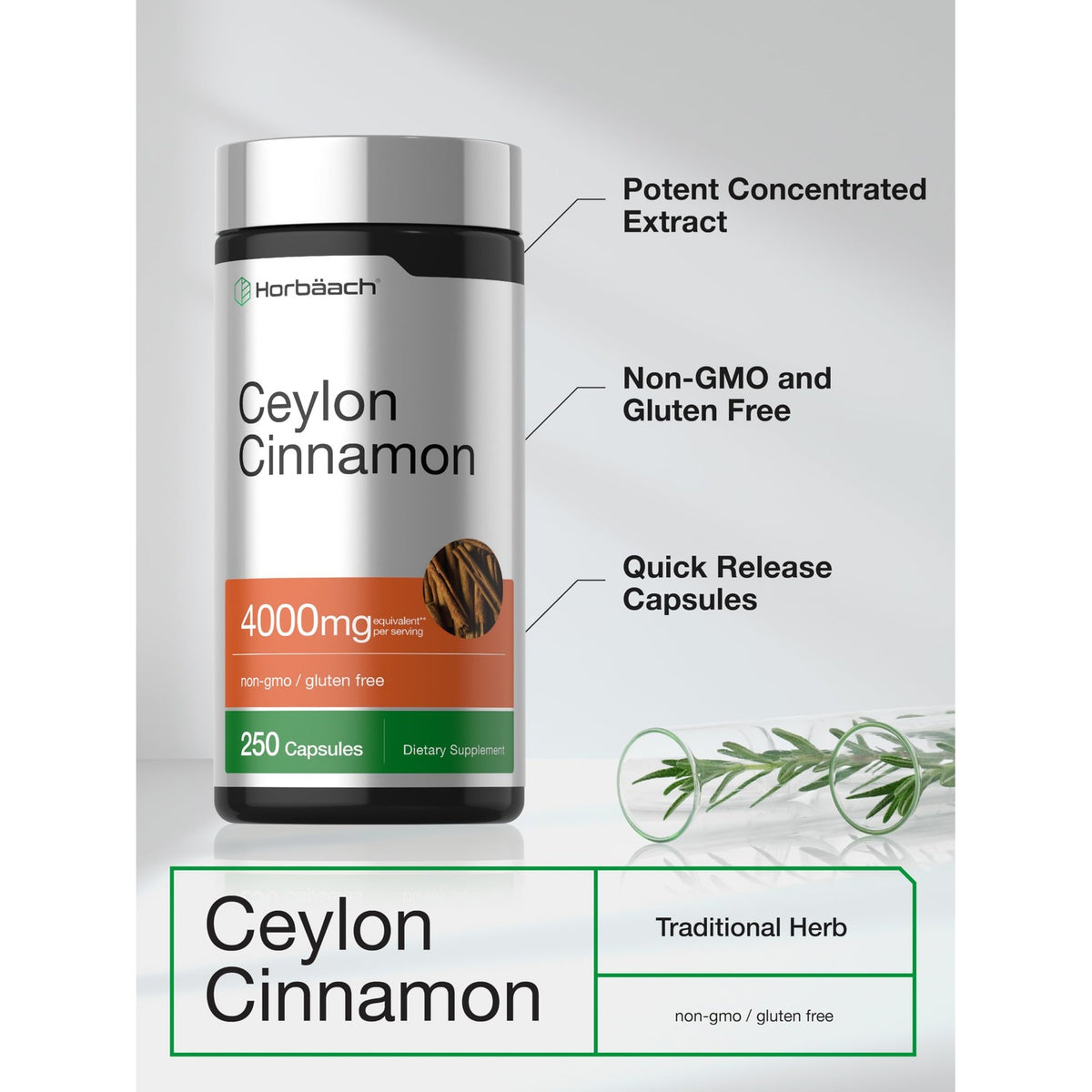 Horbäach Ceylon Cinnamon Capsules | 250 Count | Non-GMO, Gluten Free