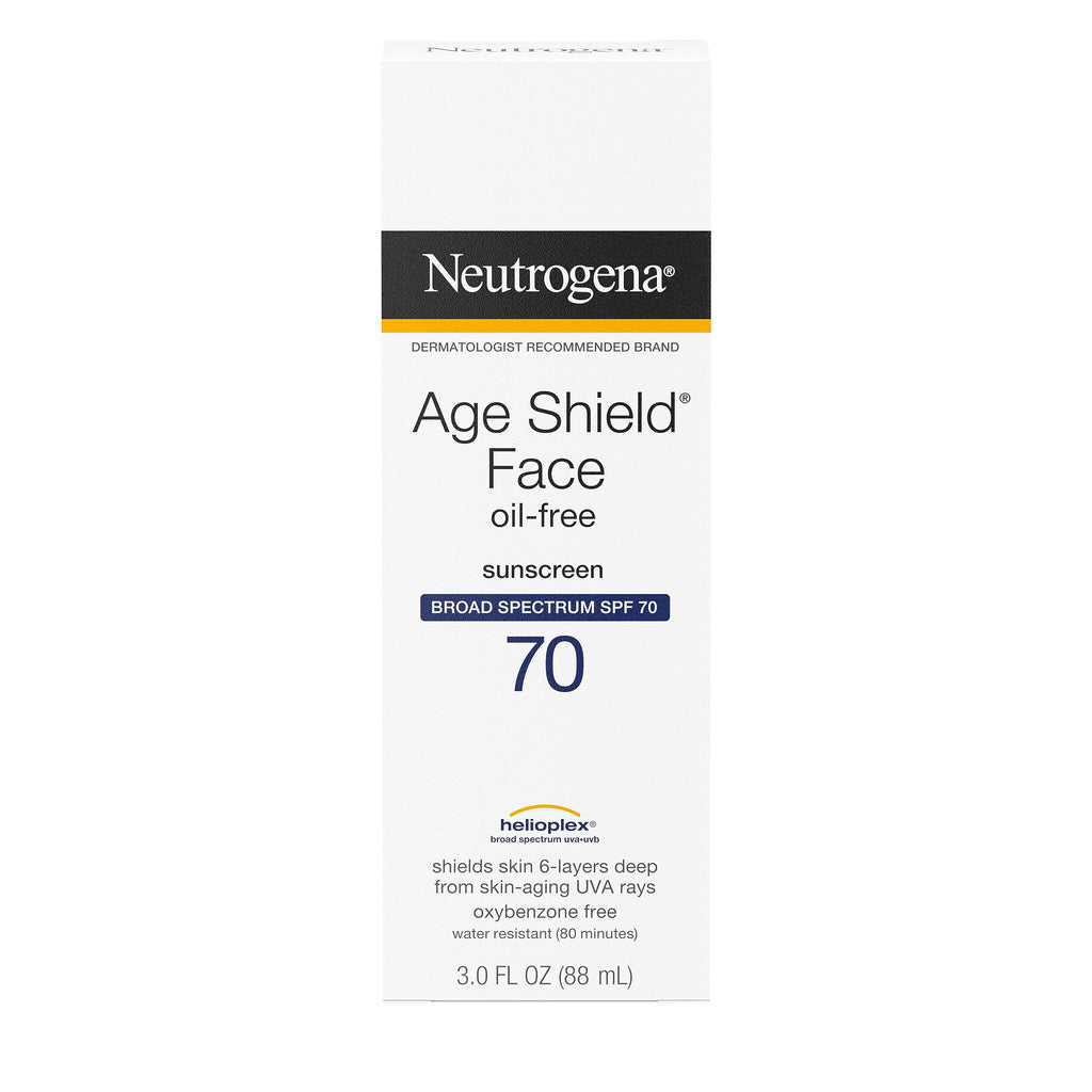 Buy now Neutrogena Age Shield Face Oil-Free Sunscreen Lotion with Broad Spectrum SPF 70, Non-Comedogenic Moisturizing Sunscreen to Help Prevent Signs of Aging, PABA-Free, 3 fl. oz (Pack of 3) at indiglob india