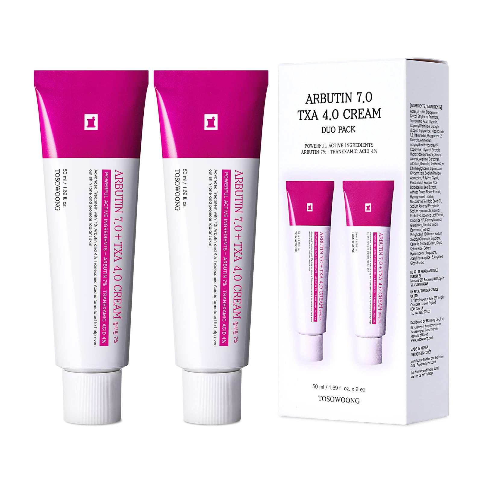 TOSOWOONG Arbutin 7% + Tranexamic Acid 4% Cream for Dark Spots, Brightening | 70,000ppm Arbutin + 40,000ppm TXA, Niacinamide, Glutathione for Blemishes & Freckles, Glow, Korean Skincare, 50ml/1.69 fl oz
