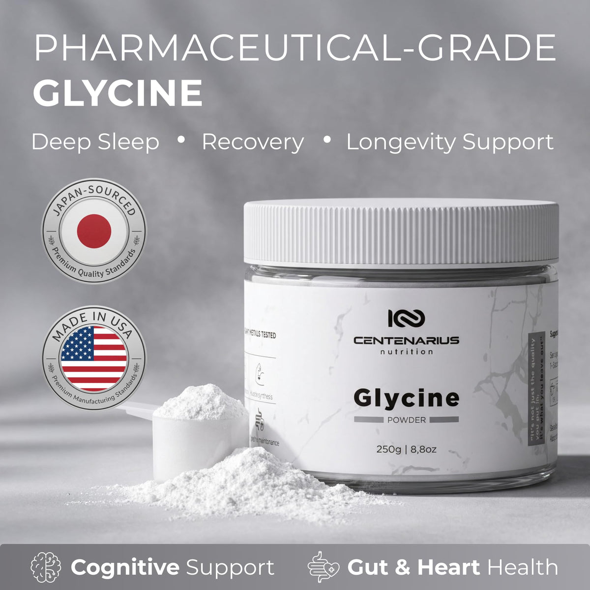 Premium Glycine Powder 250g | Amino Acids Supplement for Post Workout Muscle Recovery, Digestion, Sleep Aid + More - Vegan, Additive-Free, Third-Party Tested | Centenarius Nutrition
