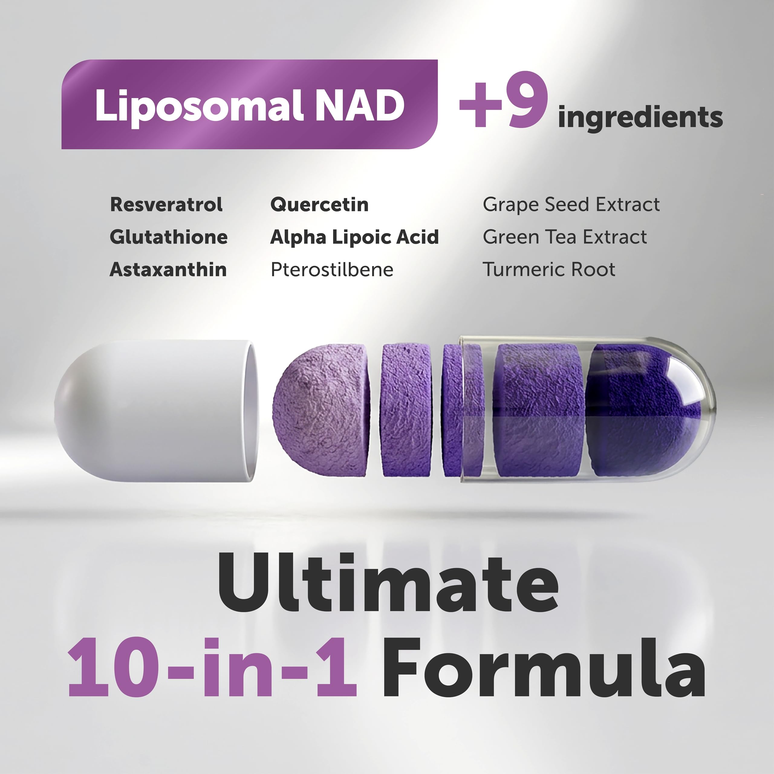 Micro Ingredients Liposomal NAD+ Complex 1,000 mg Per Serving, 60 Capsules | 10-in-1 with Resveratrol, Glutathione, ALA & Astaxanthin. NMN Supplement Alternative for Women & Men. Vegetarian, Non-GMO.