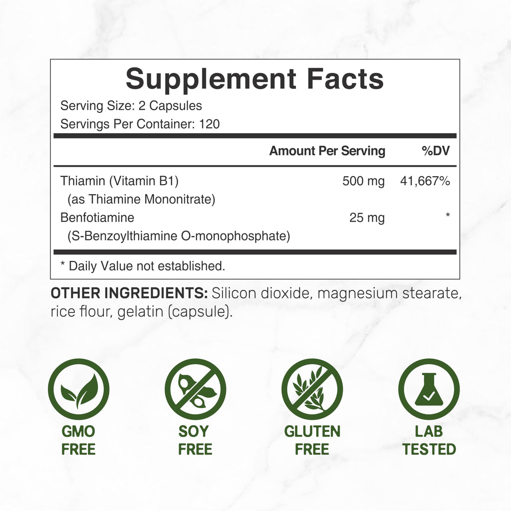 DEAL SUPPLEMENT Vitamin B1 500mg with Benfotiamine, 240 Capsules – 2 in 1 Enhanced Formula – Fat & Water Soluble Thiamine B1 Supplement – Third Party Tested, Non-GMO, No Gluten