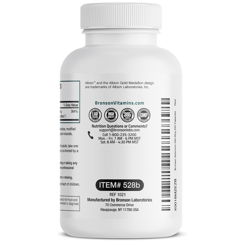 Bronson Selenium 200 mcg Albion Chelated Amino Acid Complex, 250 Capsules | Yeast-Free Essential Trace Mineral, Immune, Prostate & Metabolism Support, Vegetarian, Non-GMO, Gluten-Free & Soy-Free