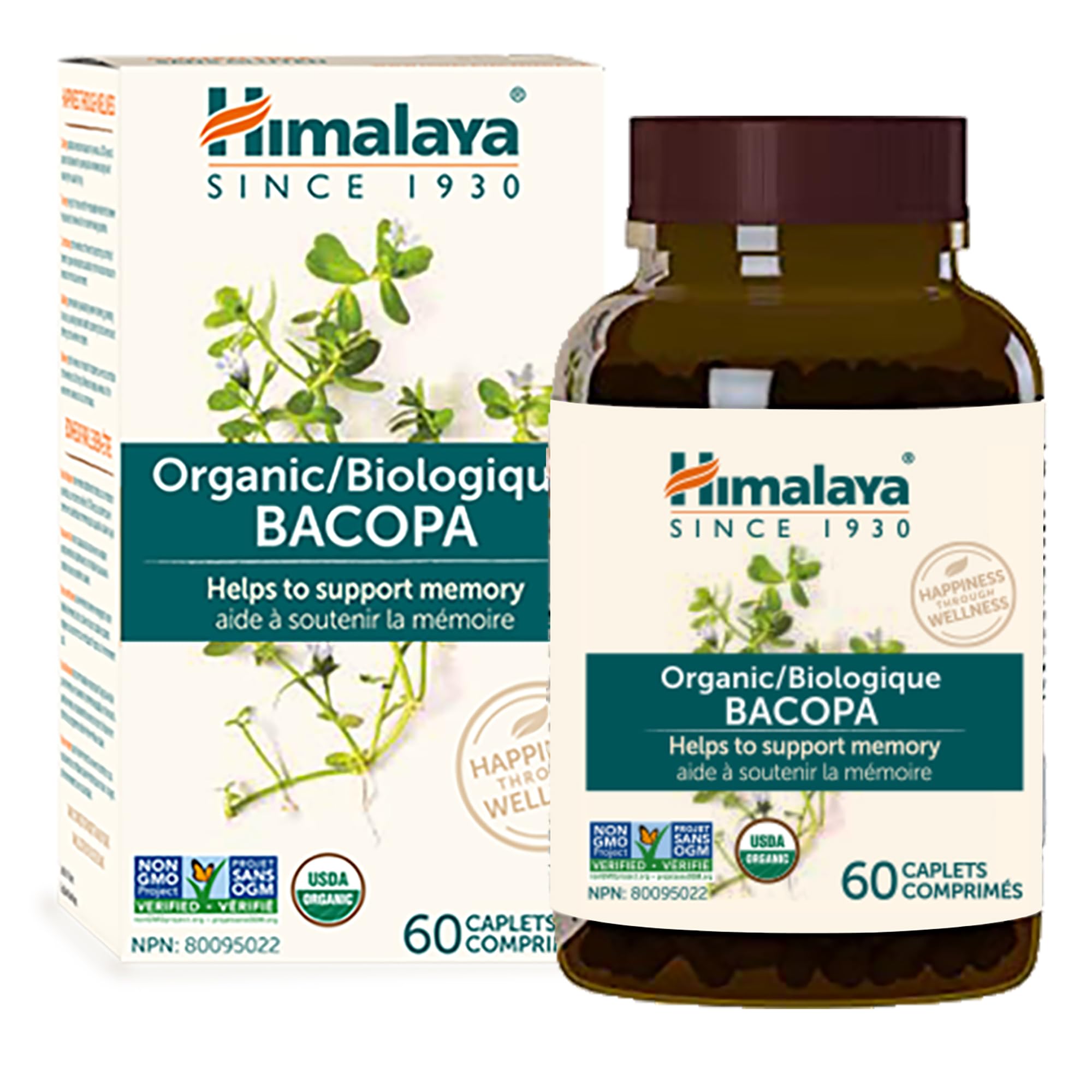 Himalaya USDA Organic Bacopa Monnieri Supplement,750 mg,60 Caplets | For Mental Alertness, Supports Calm, Memory & Cognition, Nootropic Herbal Supplement, Bacopa Extract Brahmi - Non-GMO, Vegan