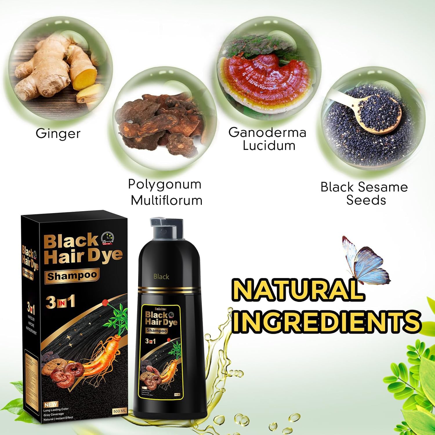 Sminktec Hair Dye Shampoo 3 in 1 for Gray Hair, Herbal Ingredients Natural Shampoo Hair Dye for Women Men (Black)