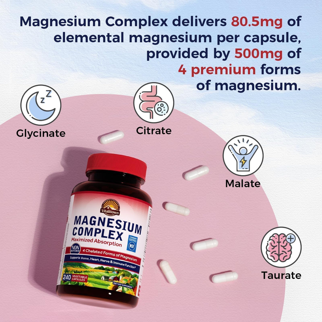 Vitalitown Magnesium Complex Supplement 500mg - NSF Certified Magnesium Glycinate, Malate, Taurate & Citrate - Chelated High Absorption & Gentle on Stomach - Vegan Non-GMO 240 Capsules