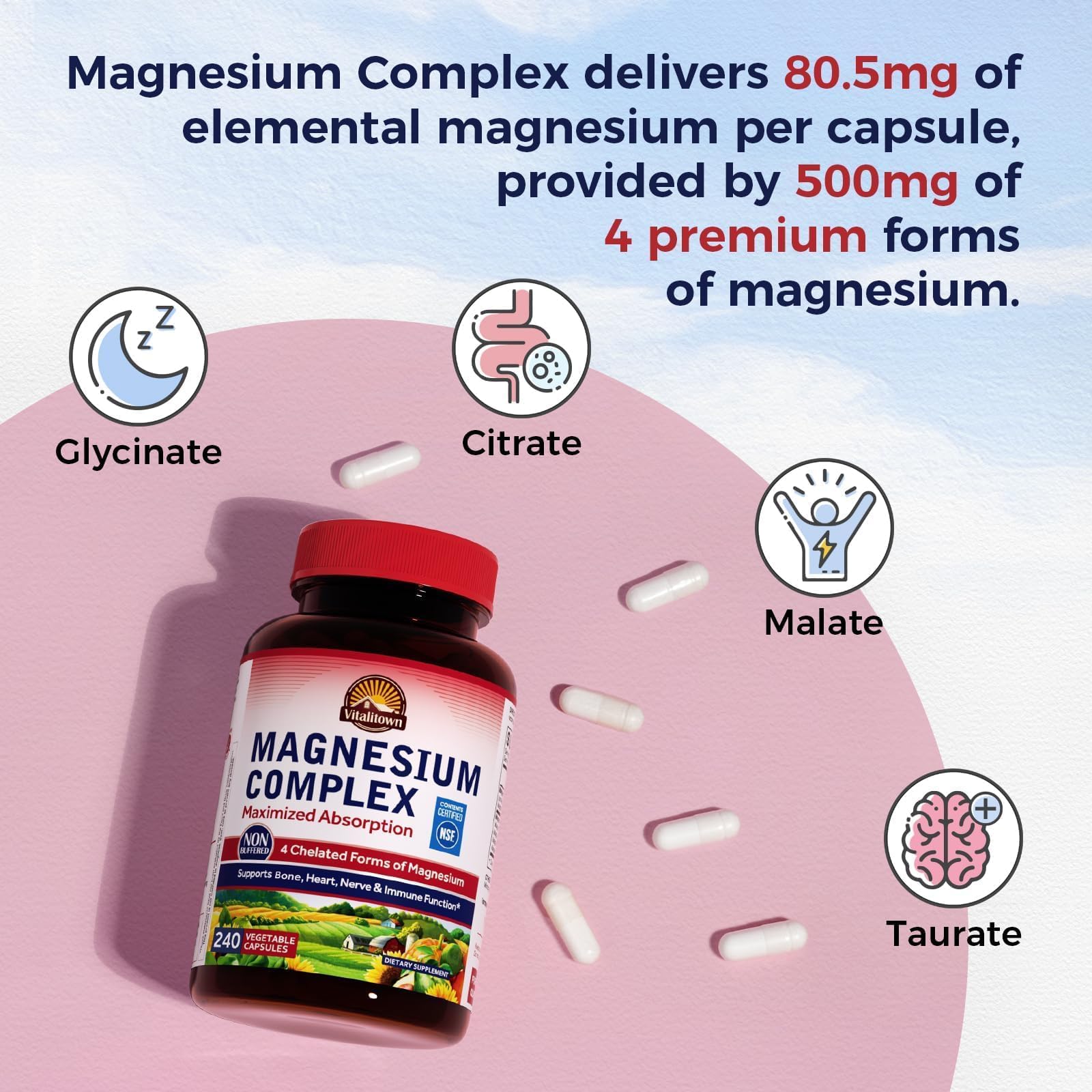 Vitalitown Magnesium Complex Supplement 500mg - NSF Certified Magnesium Glycinate, Malate, Taurate & Citrate - Chelated High Absorption & Gentle on Stomach - Vegan Non-GMO 240 Capsules