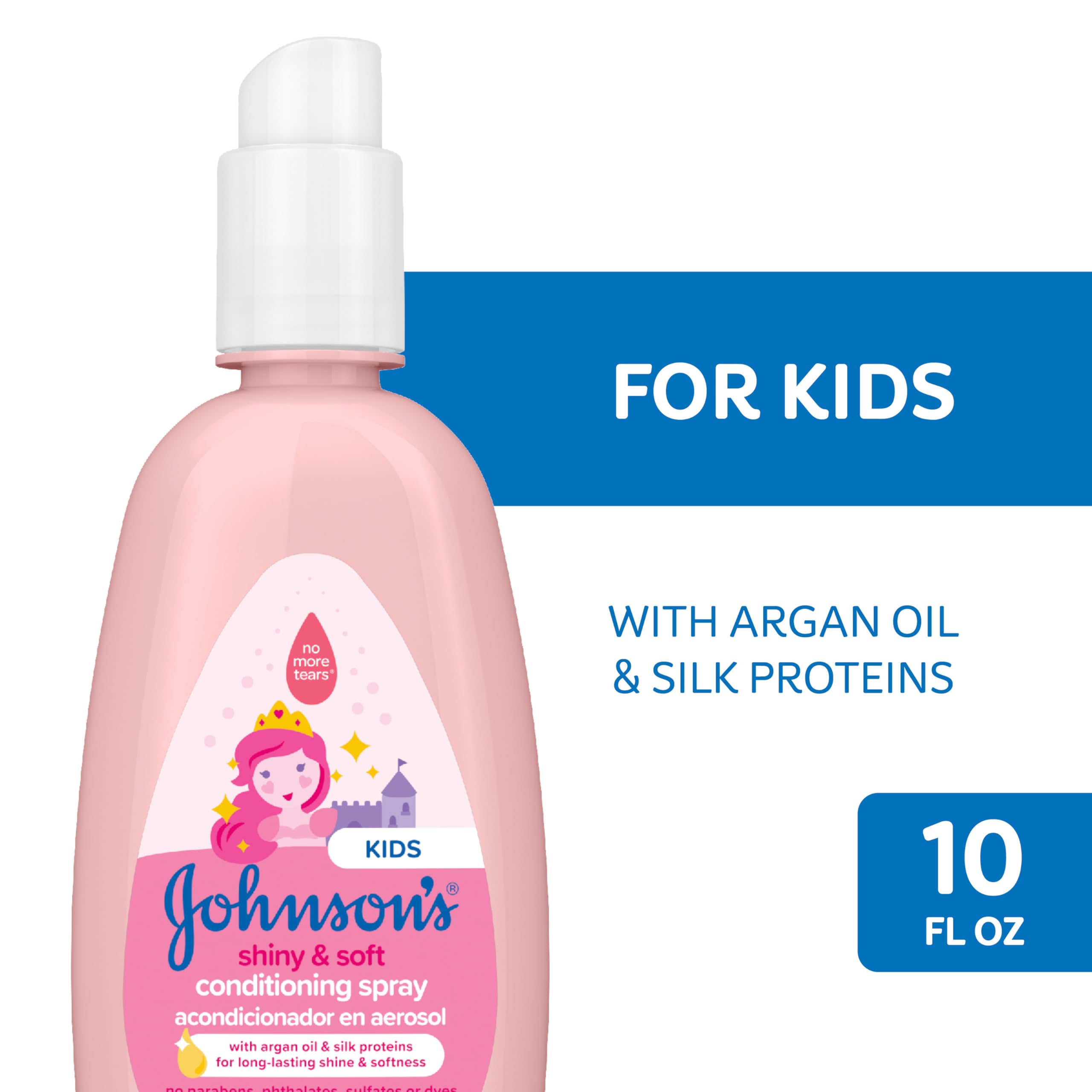 Johnson's Kids Shiny & Soft Hair Conditioning Spray with Argan Oil & Silk Proteins, Tear-Free Conditioning Spray for Shine & Softness, Gentle for Toddler Haircare, 10 fl. oz (Pack of 2)