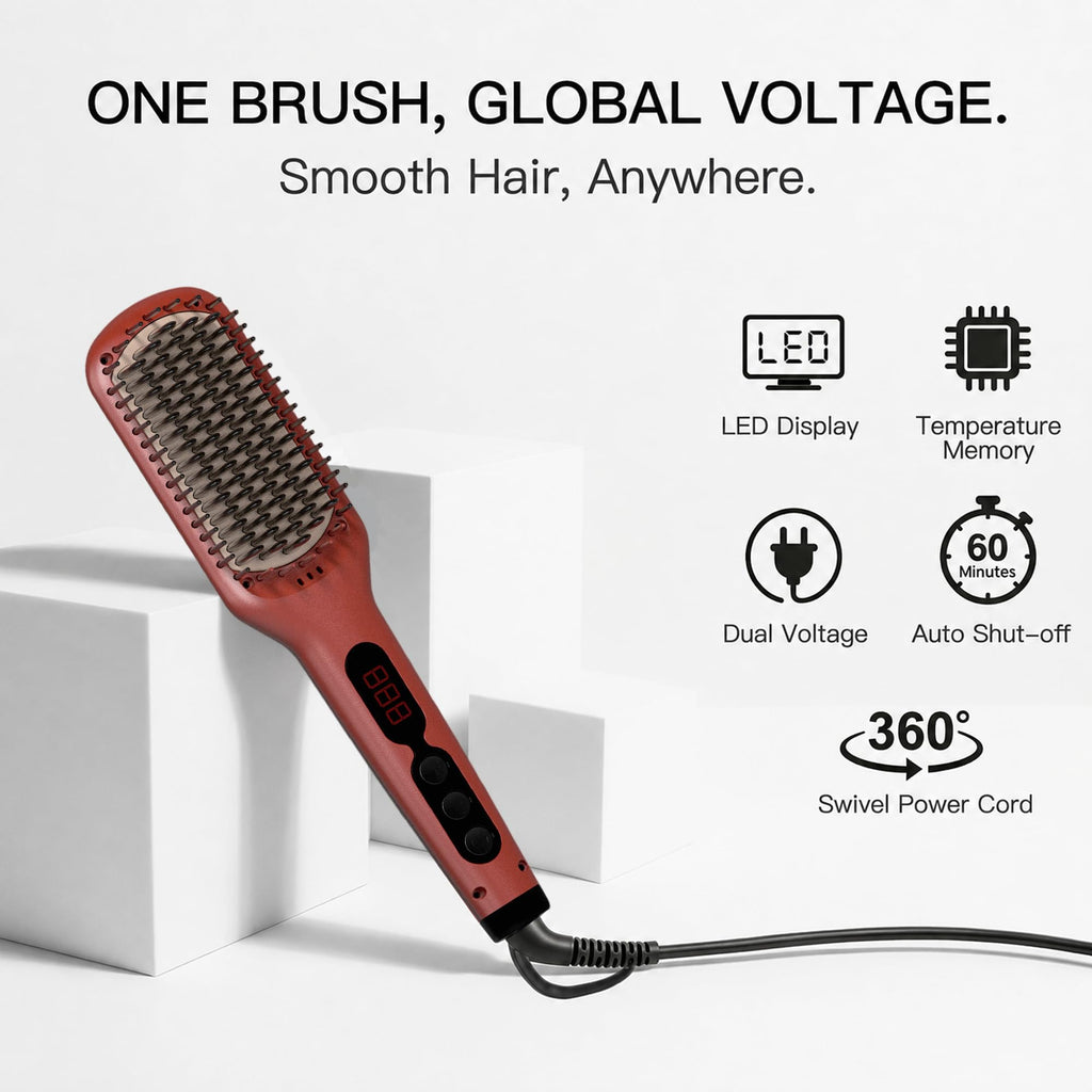 MEGAWISE Hair Straightener Brush Pro, Fast Heating Ceramic Ionic Brush for Smooth Frizz-Free Hair, Safe Anti-Scald Design, Dual Voltage Travel Use (Tomato Red)